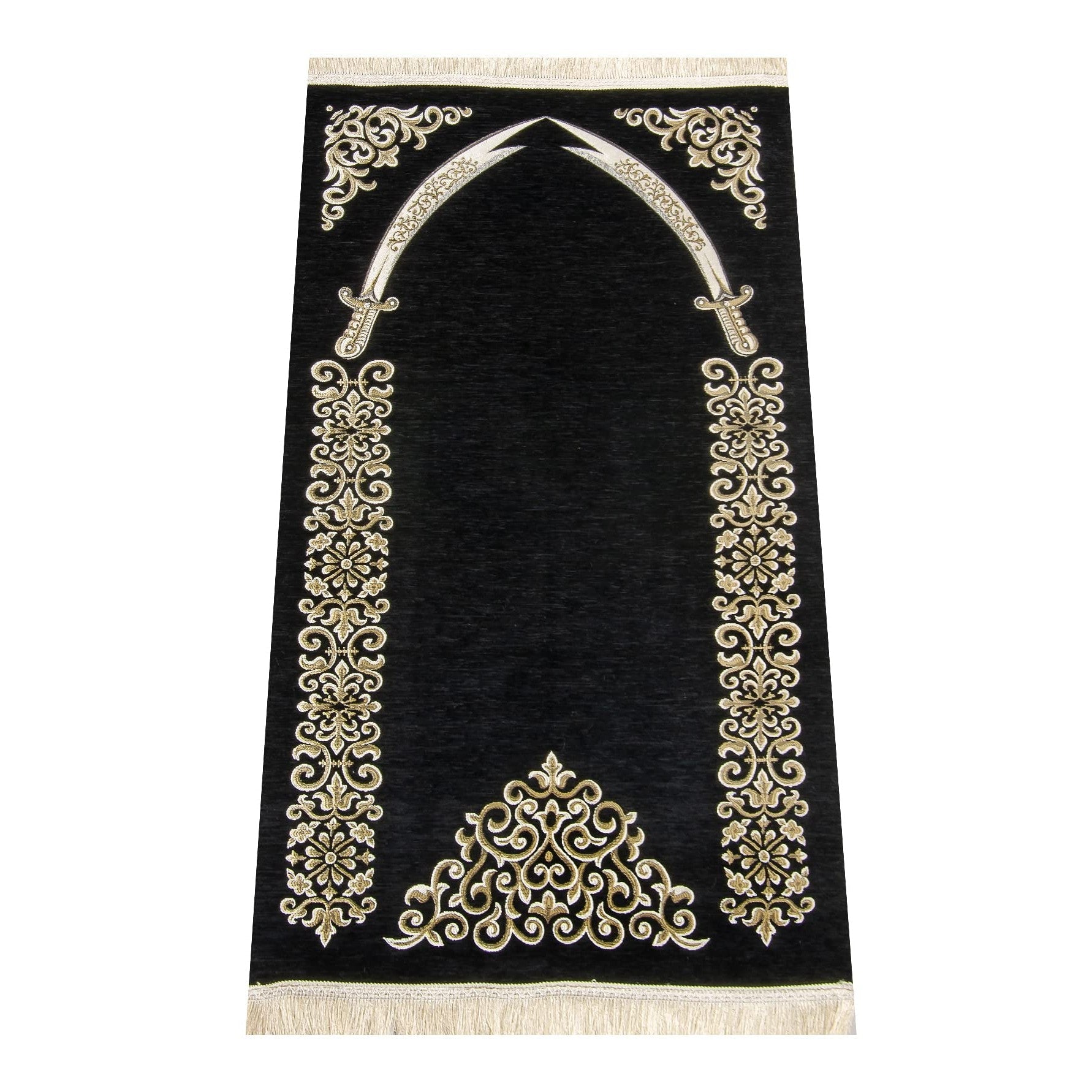 Lux Muslim Prayer Rug with Imam Ali Sword Zulfiqar Design | Janamaz | Sajadah | Soft Islamic Prayer Rug | Islamic Gifts | Prayer Carpet Mat, Chenille Fabric, Black - Medaid International