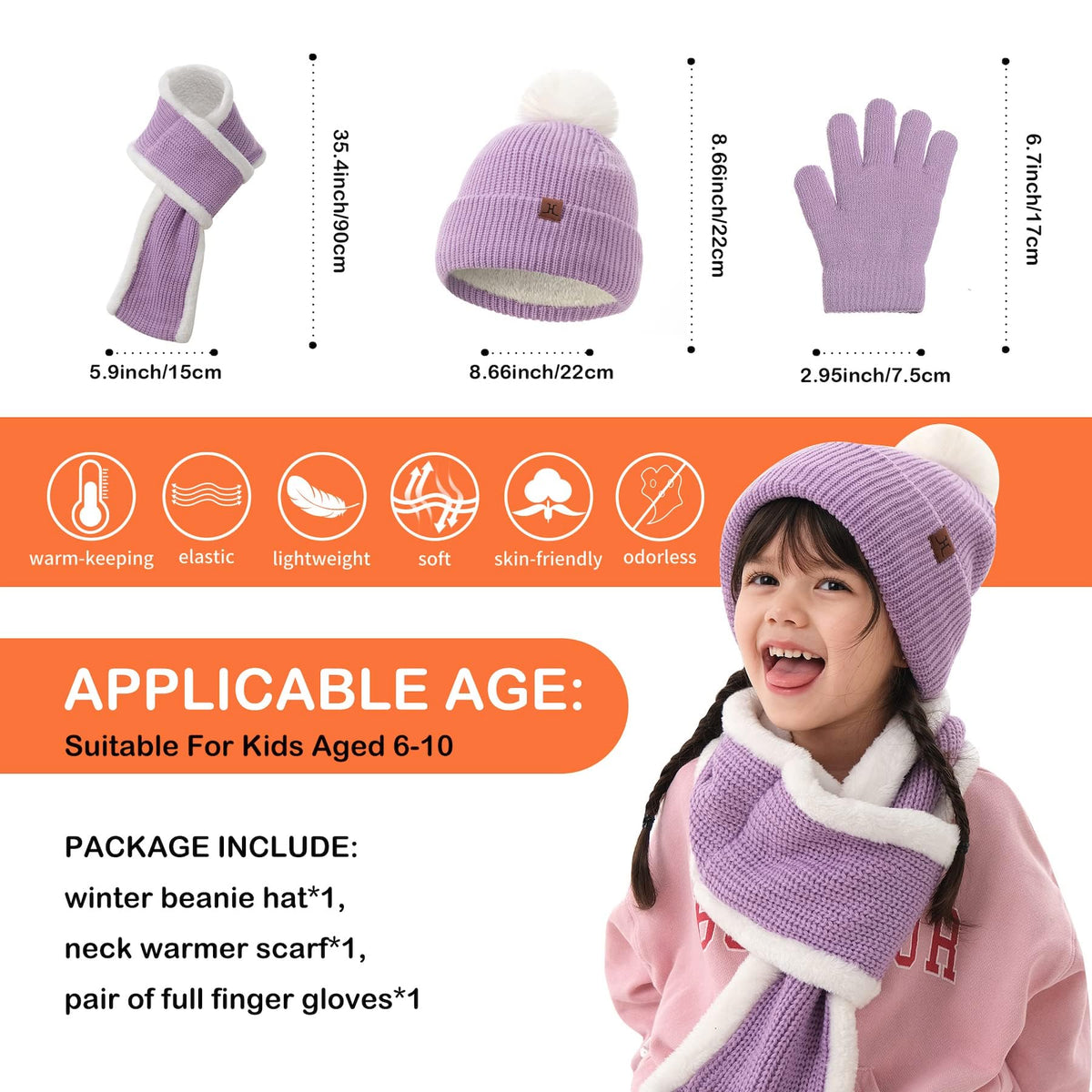 KASTWAVE Kids Beanie Hat Scarf Set, Kids Winter Hat Scarf Gloves Set, 3 in 1 Thermal Knit Hat Scarf Gloves Set with Double Layer Fleece Lining, for Toddler Boys Girls for 1-6 Years Old Kids (Purple)