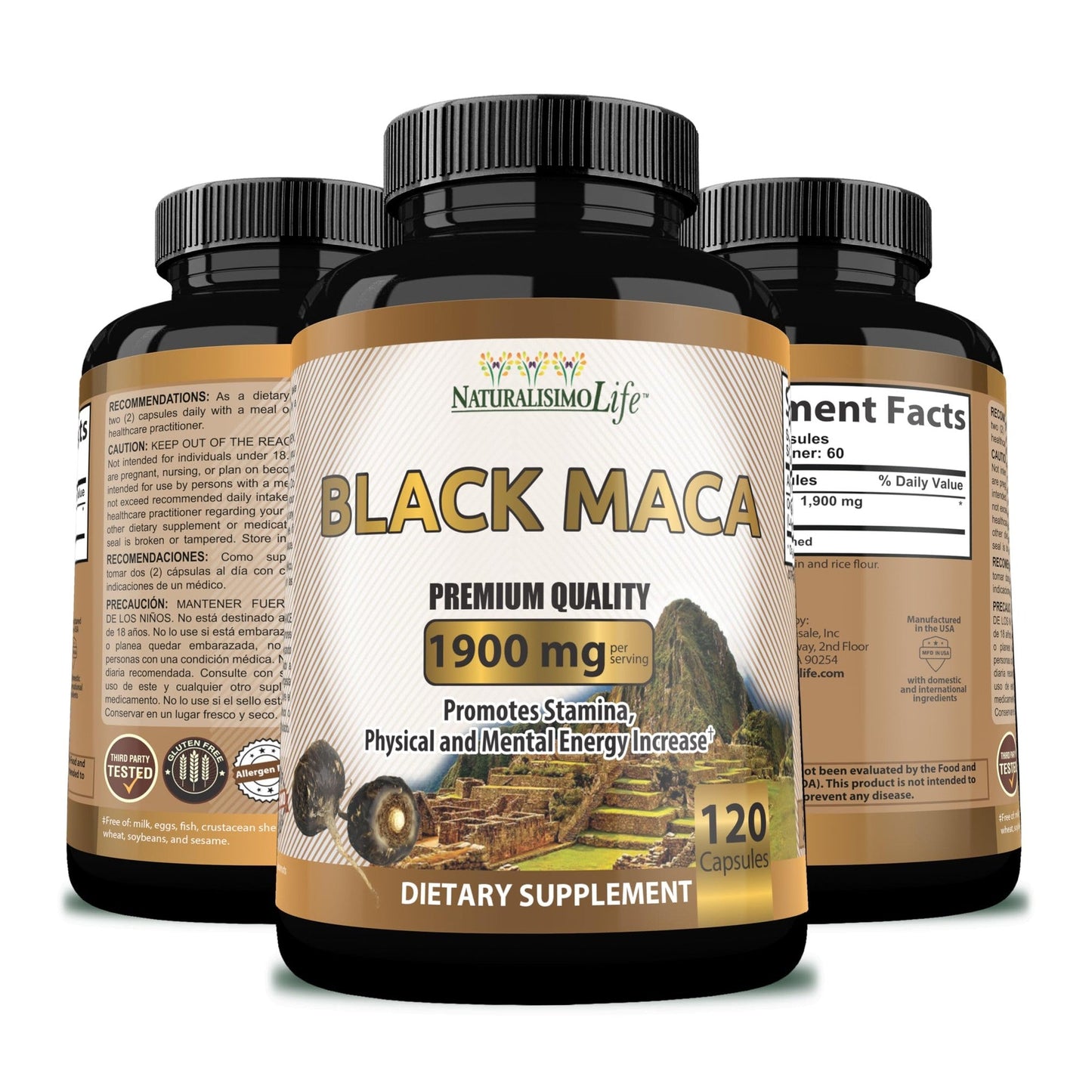Organic Black Maca 1,900 mg per Serving Natural Energy Booster Peruvian Maca for Men & Women 120 Capsules - Medaid International