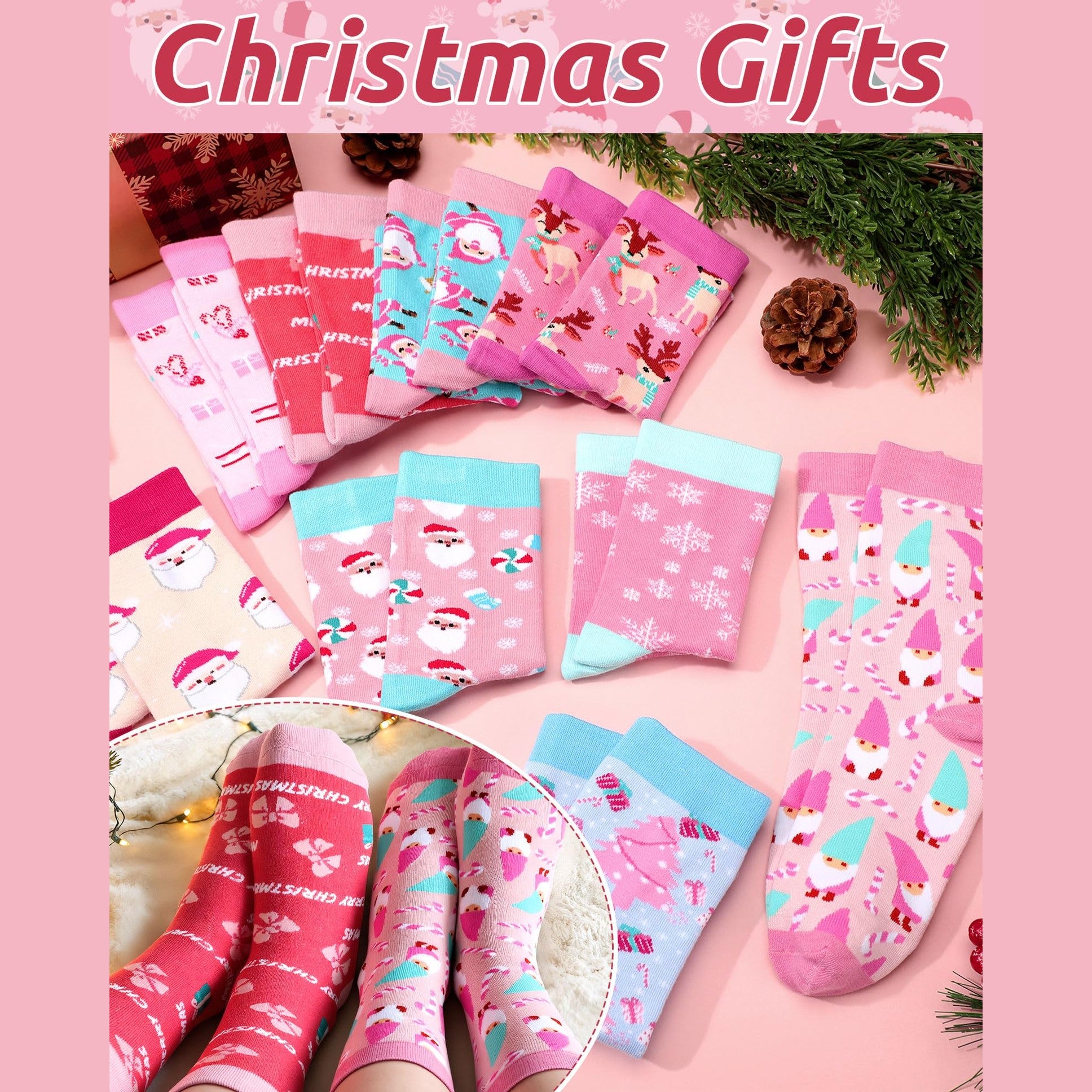Croloose 10 Pairs Pink Christmas Socks for Women Bulk Fun Xmas Crew Socks Holiday Gift for Stocking Stuffer Party Favors (Multicolor Style) - Medaid International