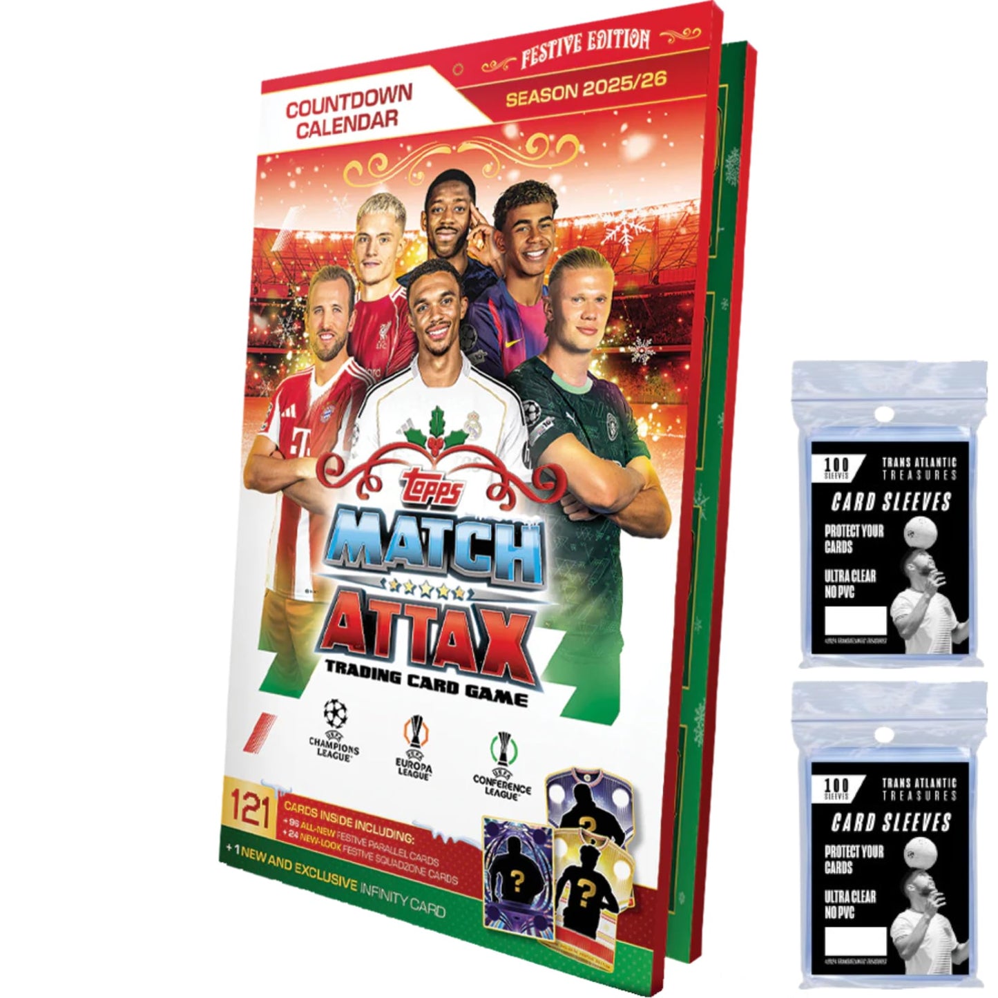 Topps Match Attax 25/26 Countdown Calendar Soccer Cards + 200 Card Protectors, 121 Cards, Including 24 Exclusive Festive Squadzone Cards & 1 Exclusive Infinity Card - Medaid International