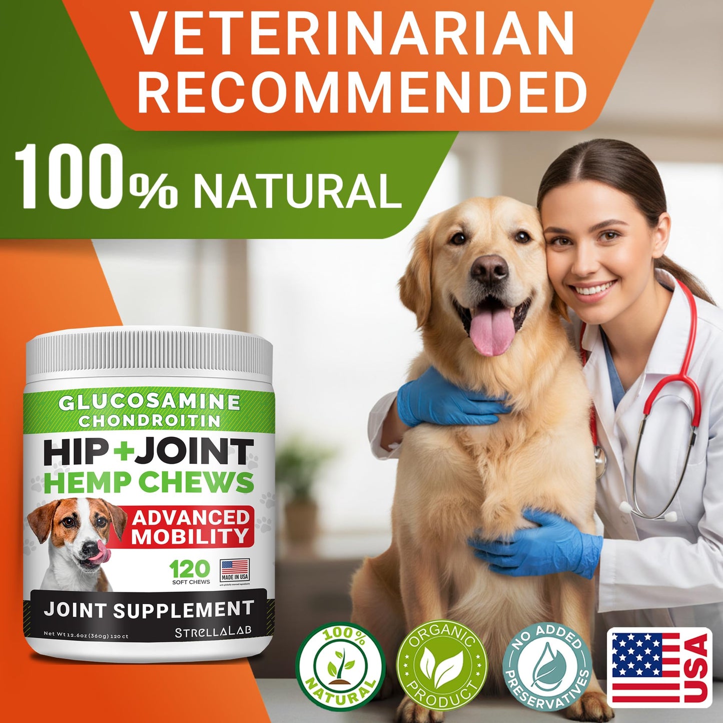Hemp Chews for Dogs - Hip & Joint Supplement with Glucosamine - Joint Pain Relief Treats - Omega 3, Chondroitin, MSM - Advanced Mobility Support - Chicken Flavor - 120 Ct - Made in USA