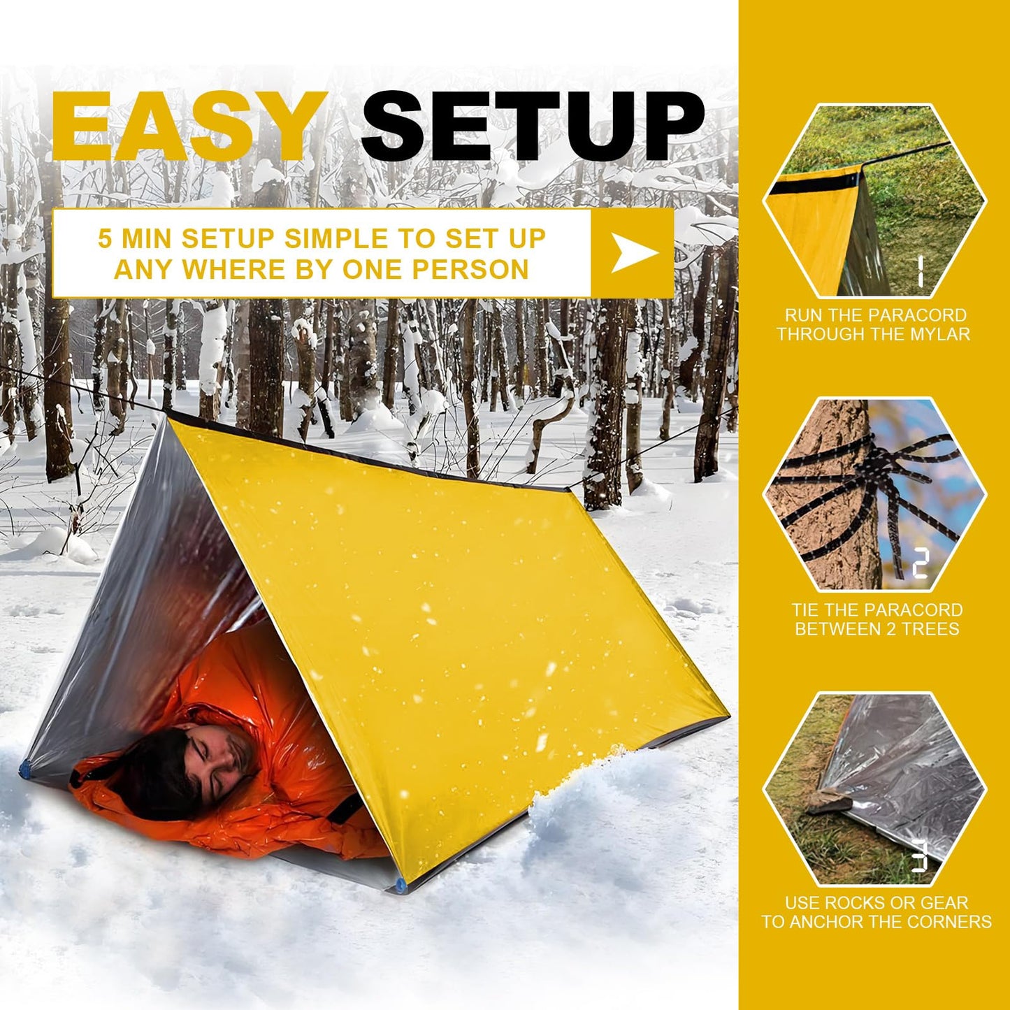 SET007 1-Pack Mylar Survival Life Tent, 2 Person Emergency Shelter Tube Tents with Paracord • 90% Heat Retention, Waterproof, All Weather Protection for Hiking, Camping & Outdoor-Yellow