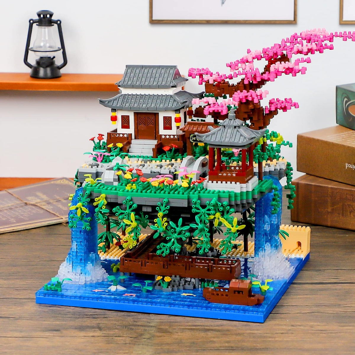 KASTWAVE Peach Blossom Pond Micro Mini Building Blocks Set, Chinese Architecture Cherry Bonsai Gift Toys with String Lights, Japanese Sakura Tree House Micro Bricks for Adults and 14+ Kids (3320 Pcs)