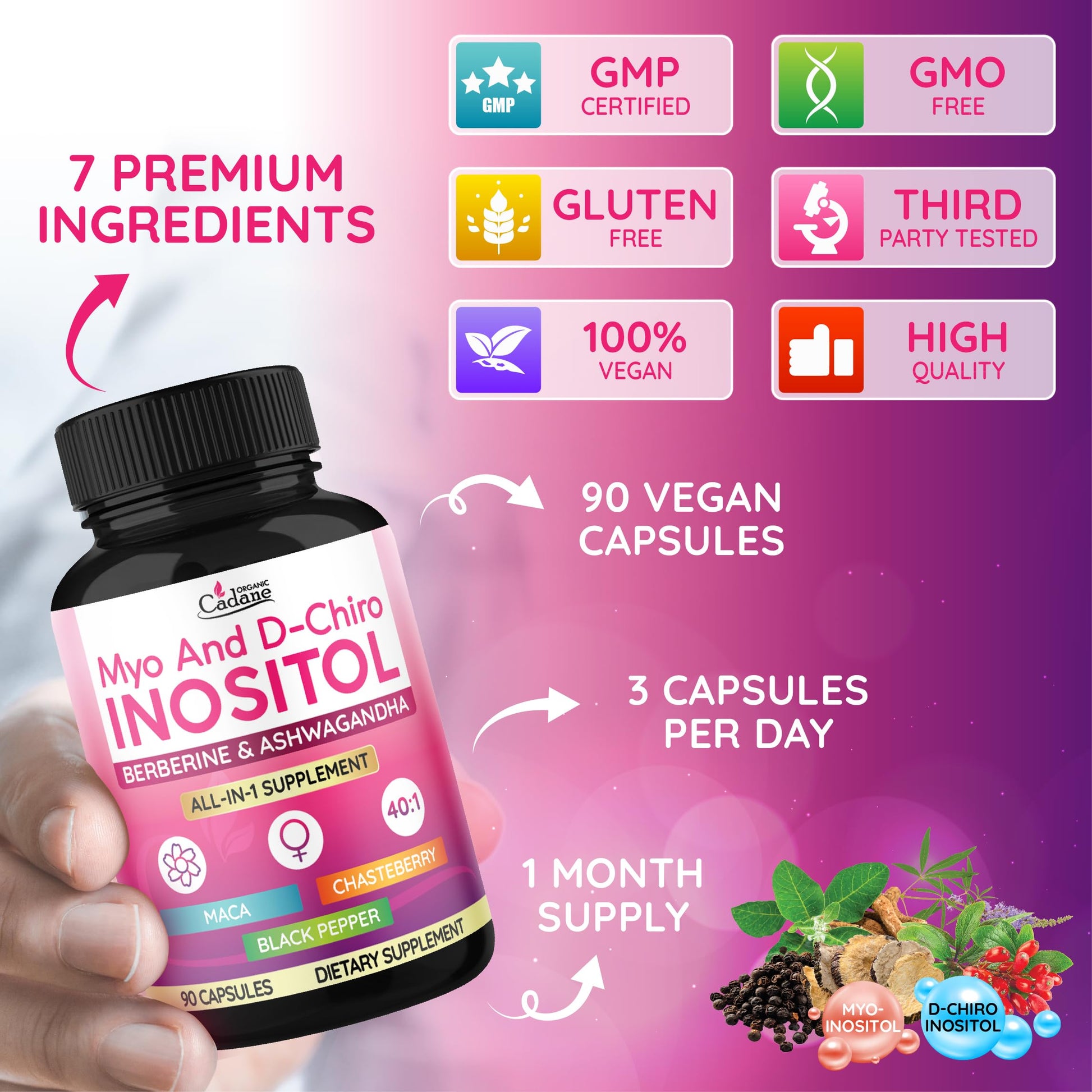 Organic Cadane Myo & D-Chiro Inositol Supplement | Formula with Ashwagandha, Maca, Chasteberry, Berberine & Black Pepper | Supports Women's Balance & Wellness | Vegan, Non-GMO - 90 Capsules - Medaid International
