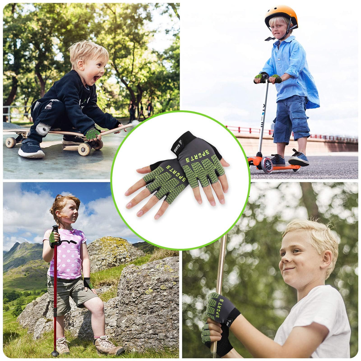 TERRIFI Kids Sport Gloves - Versatile Half Finger Gloves for Boys & Girls - Ideal for Cycling, Camping, Fishing & Outdoor Sports(Green)