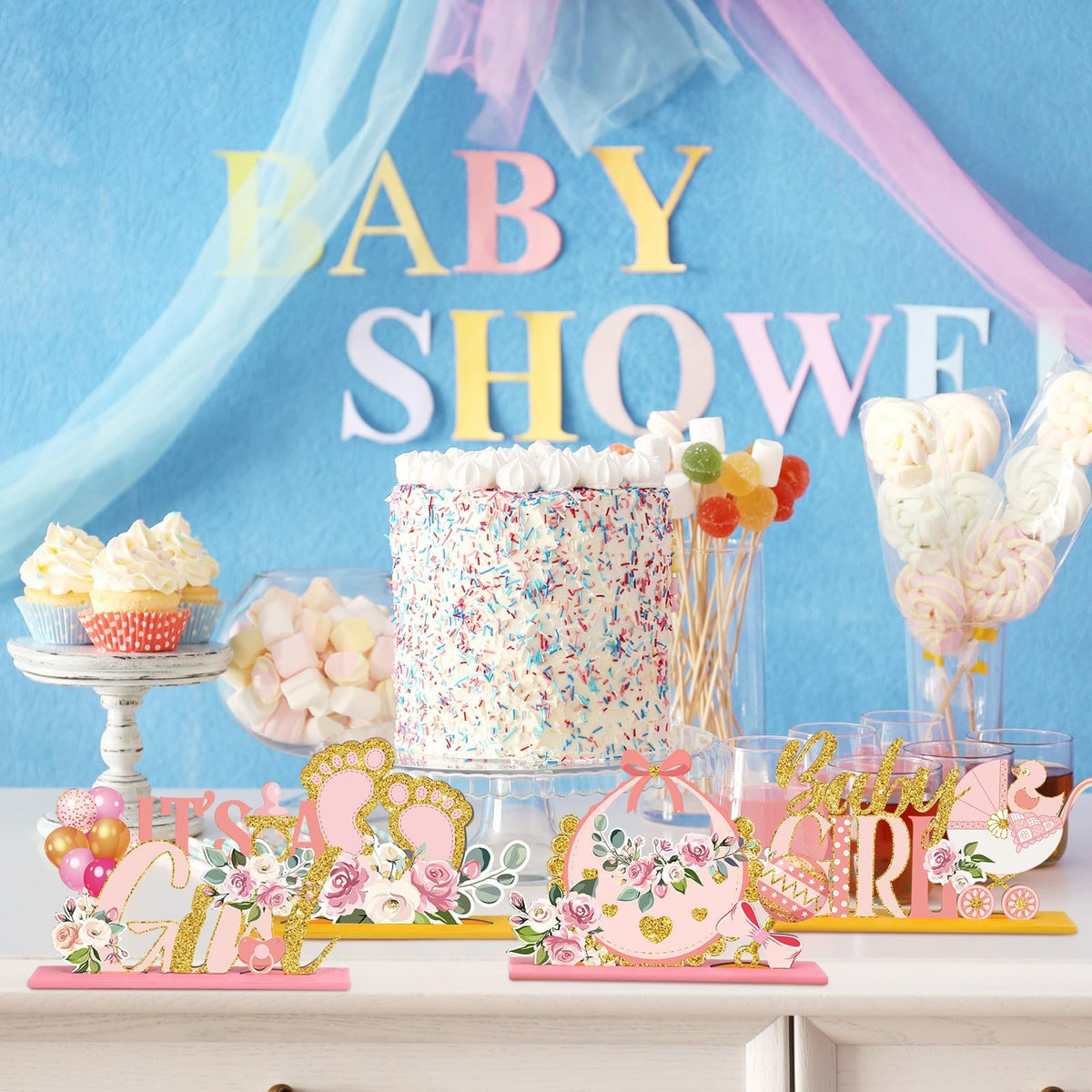 KASTWAVE 6 Pcs Floral Baby Shower Table Centerpieces, Wooden Baby in Bloom Decorations with Pink Rose Gold Letters, It's a Girl Gender Reveal Party Supplies, Summer Birthday Photo Props