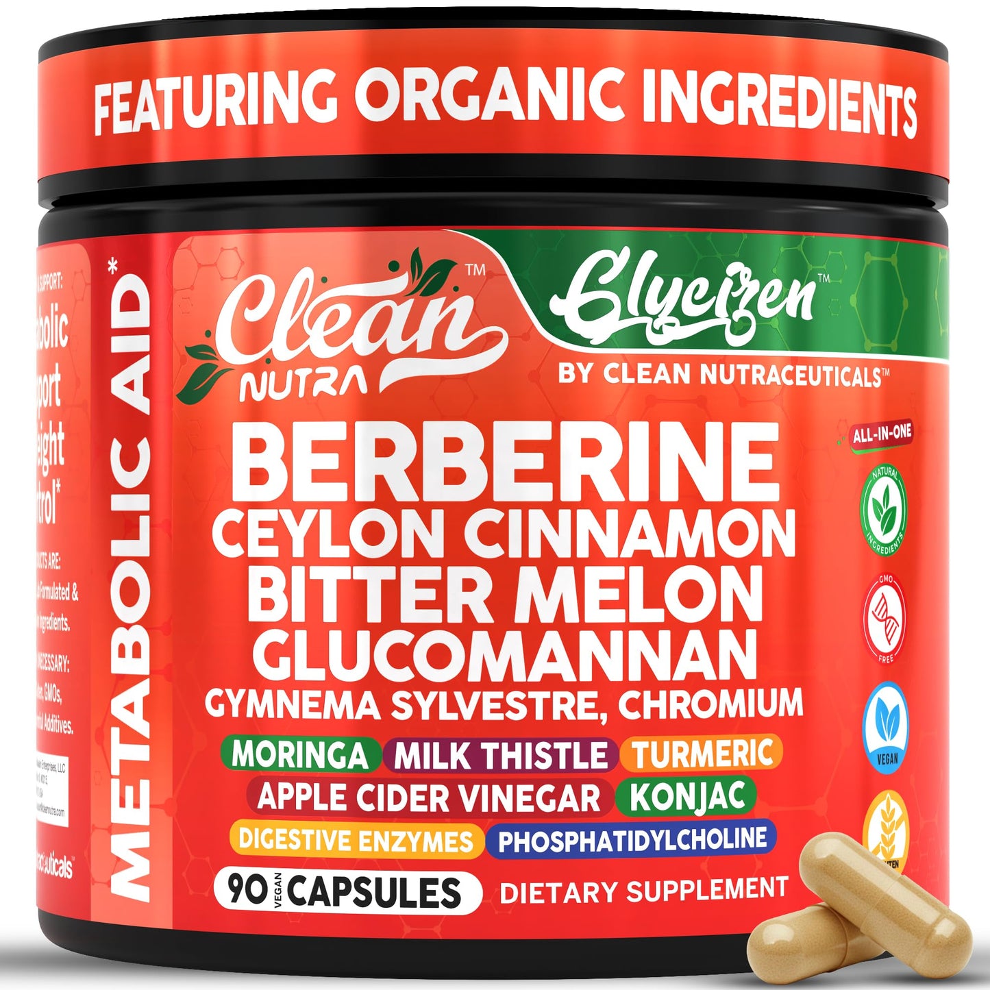 Clean Nutra Berberine and Ceylon Cinnamon Supplement Bitter Melon Glucomannan Gymnema Sylvestre Chromium Moringa Milk Thistle Turmeric Apple Cider Vinegar Digestive Enzymes Inositol Pills 90 Capsules - Medaid International
