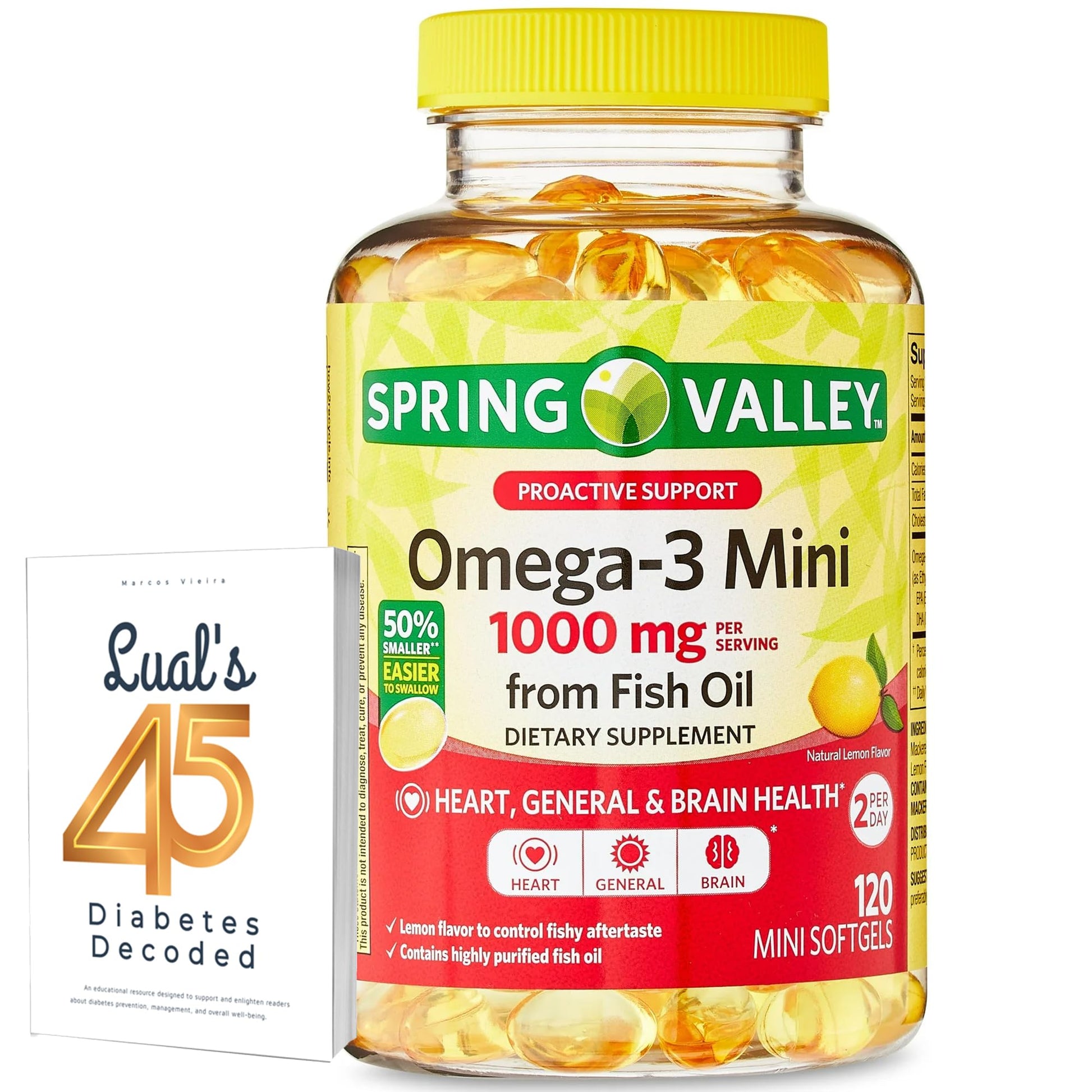 Spring Valley Omega-3 Mini from Fish Oil 1000 mg, 120 Count, Dietary Supplement, Omega 3 Mini Softgels Bundle with Luall's 45 Diabetes Decoded - Medaid International