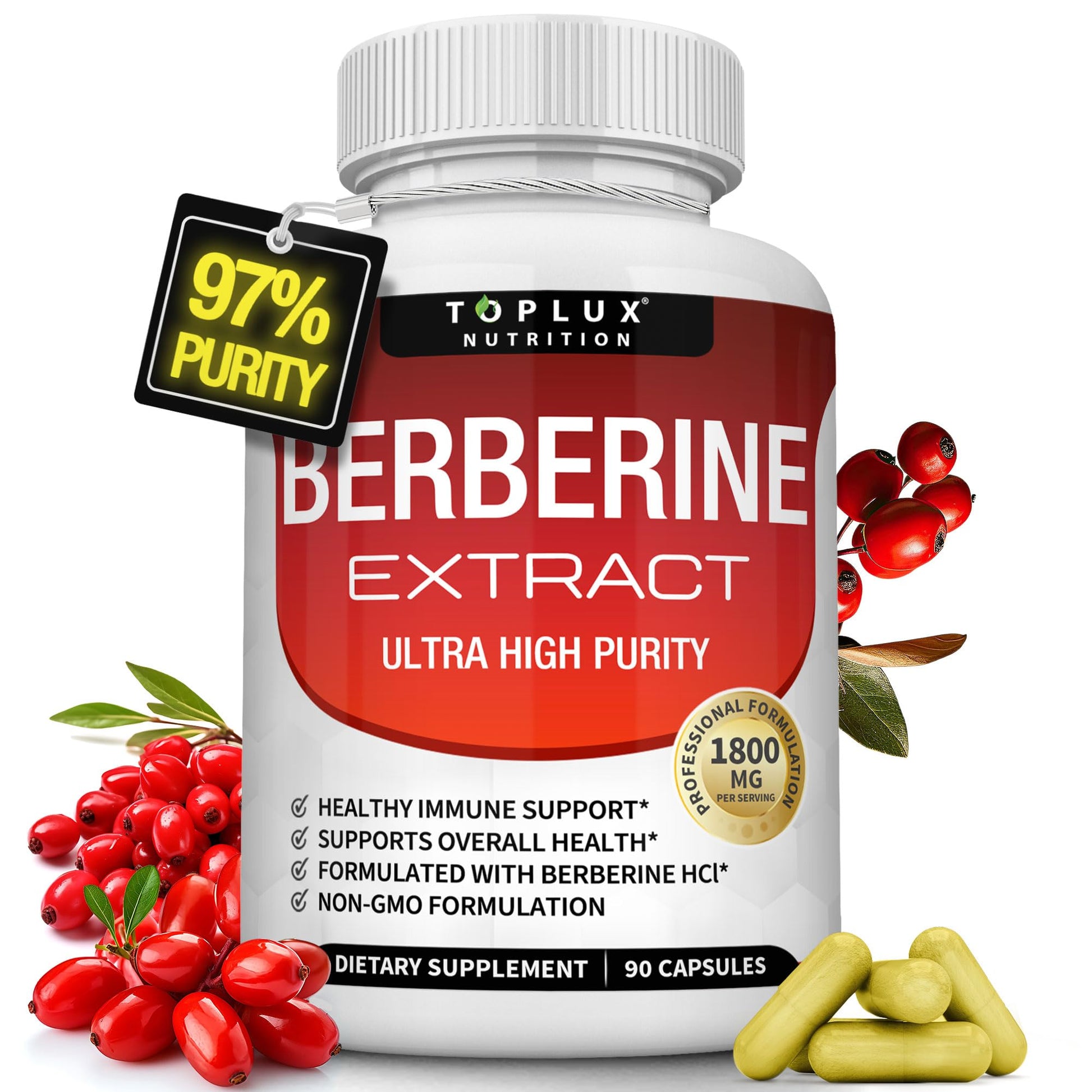 Berberine Supplement 1800mg - Berberine HCL 97% Tested Ultra High Purity Premium Berberine Extract to Support Overall Health, High Potency Berberine Plus Non-GMO Vegan Men Women, 90 Capsules - Medaid International