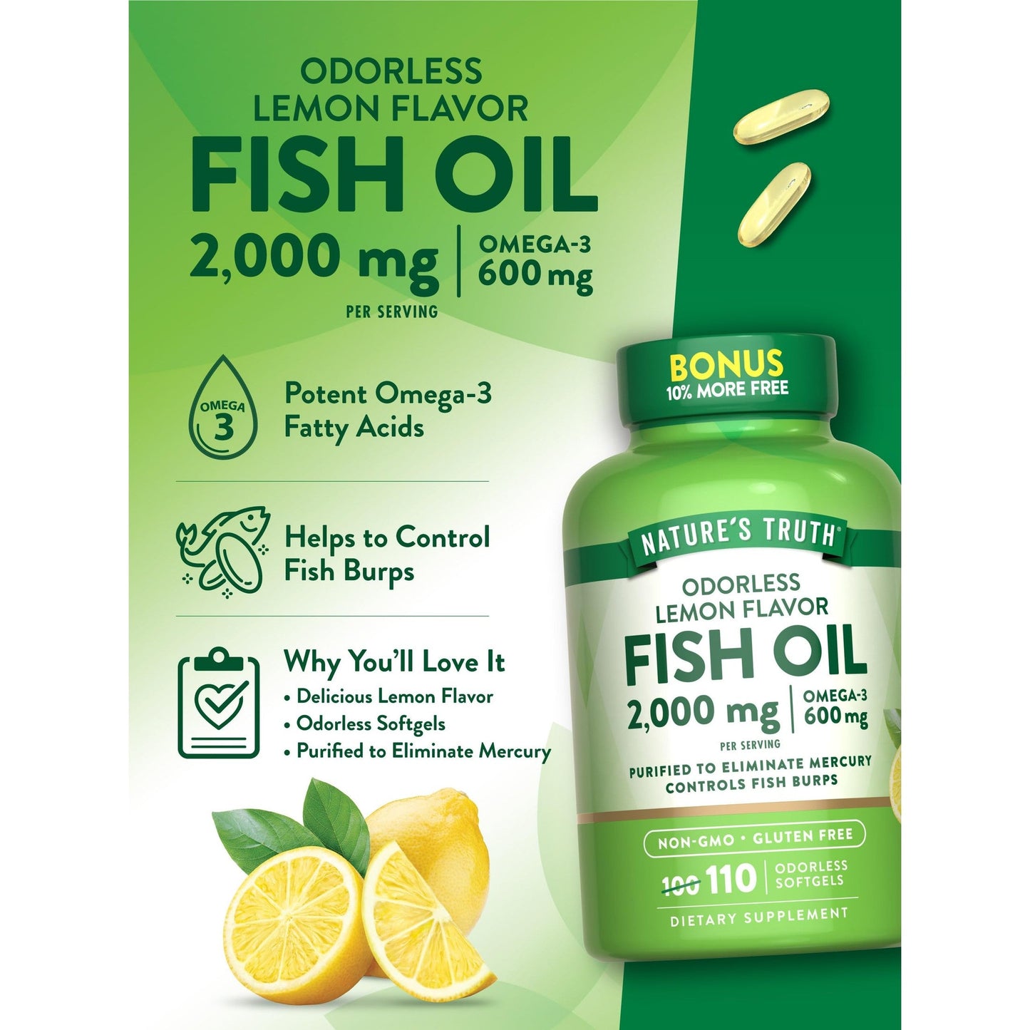 Nature's Truth Fish Oil 2000mg | 110 Softgels | Omega-3 | Lemon Flavor | Non-GMO & Gluten Free Supplement - Medaid International