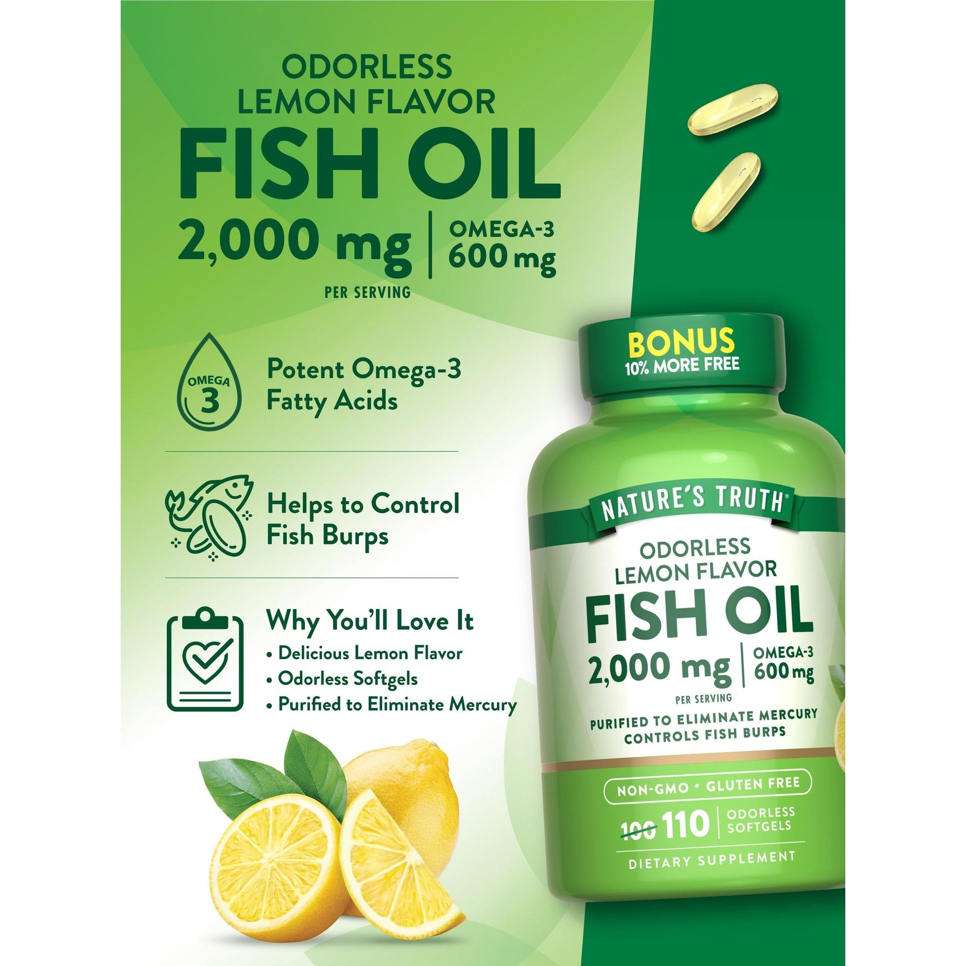 Nature's Truth Fish Oil 2000mg | 110 Softgels | Omega-3 | Lemon Flavor | Non-GMO & Gluten Free Supplement - Medaid International