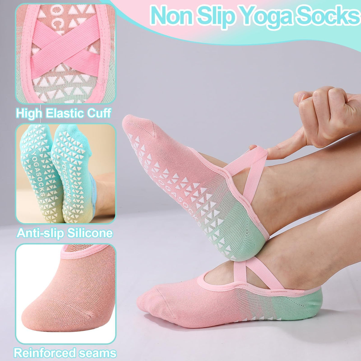 Non-Slip Yoga Socks for Women, Grip Socks with Straps, Pilates Barre Dance Workout Sock, Colorful Ballet Fitness Footwear, 6-Pack