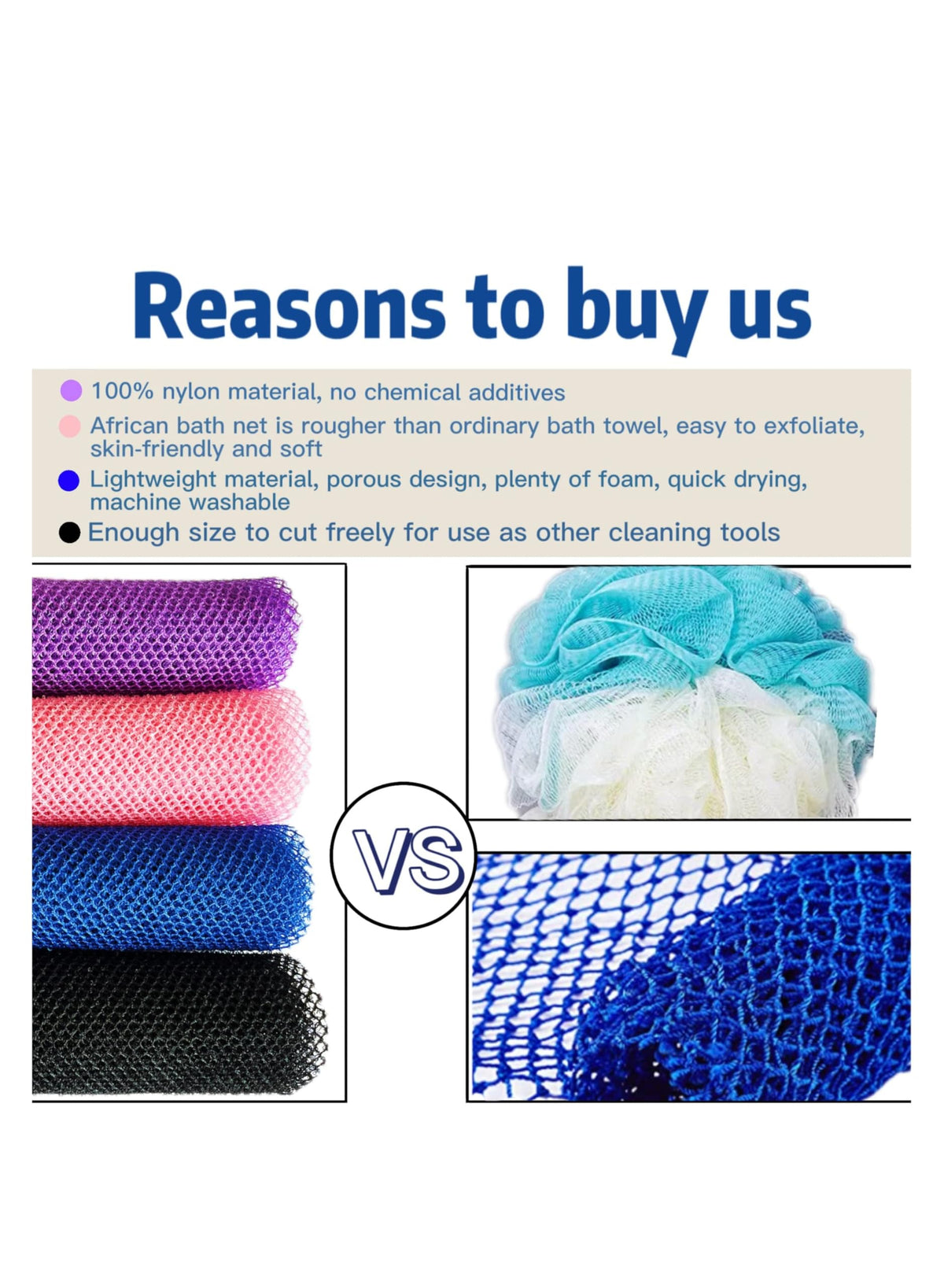 KASTWAVE African Exfoliating Net Sponges - 4 Pack Nylon Bath Scrubber for Smooth Skin, Long Shower Back Scrubber in Black, Blue, Pink, Purple
