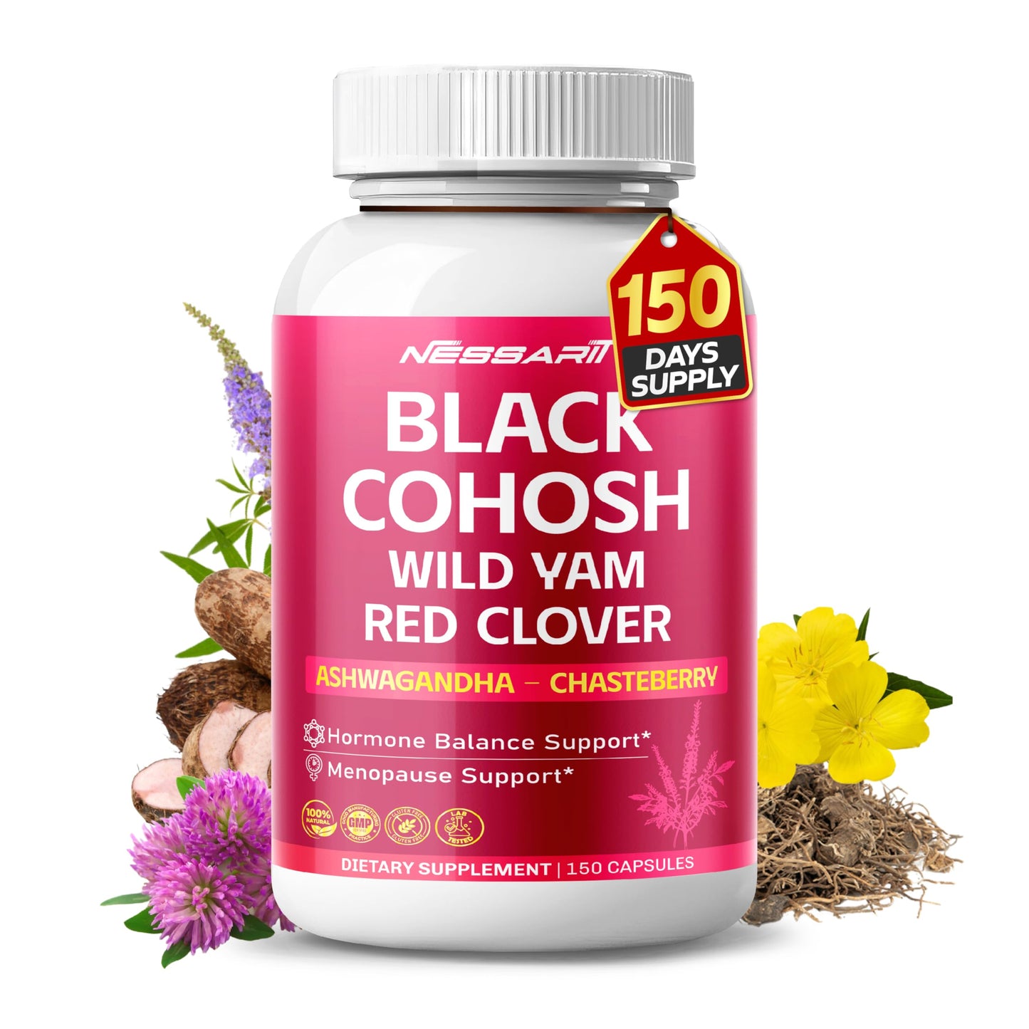 NESSARIT Black Cohosh 9,600mg* – Hormonal Balance Support with Wild Yam, Red Clover, Ashwagandha, Chasteberry & More – 150 Capsules – Made & Lab Tested in USA - Medaid International