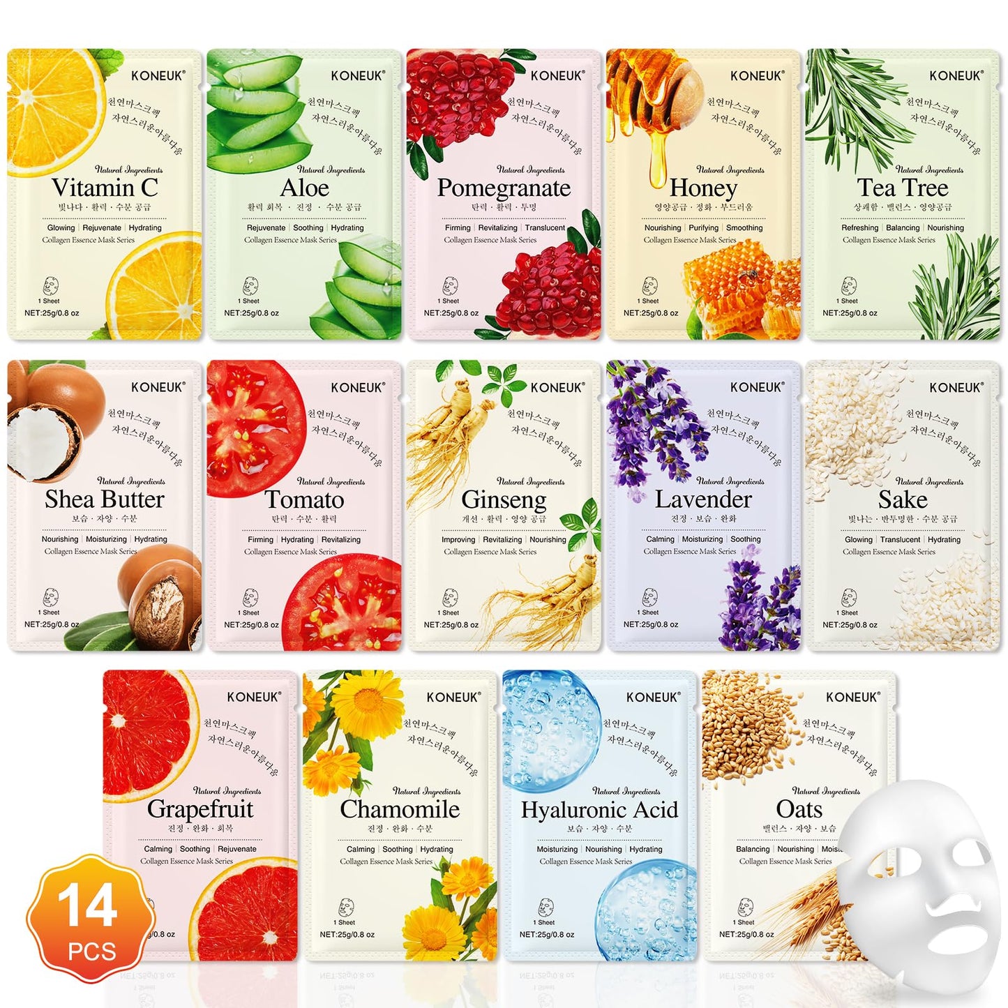KONEUK 14 Pack Sheet Face Masks Skincare, Hydrating Face Masks Suitable for Dry Skin, Bulk Facial Mask Set for Women Skin Care, Face Mask Gifts Set for Face Spa - Medaid International