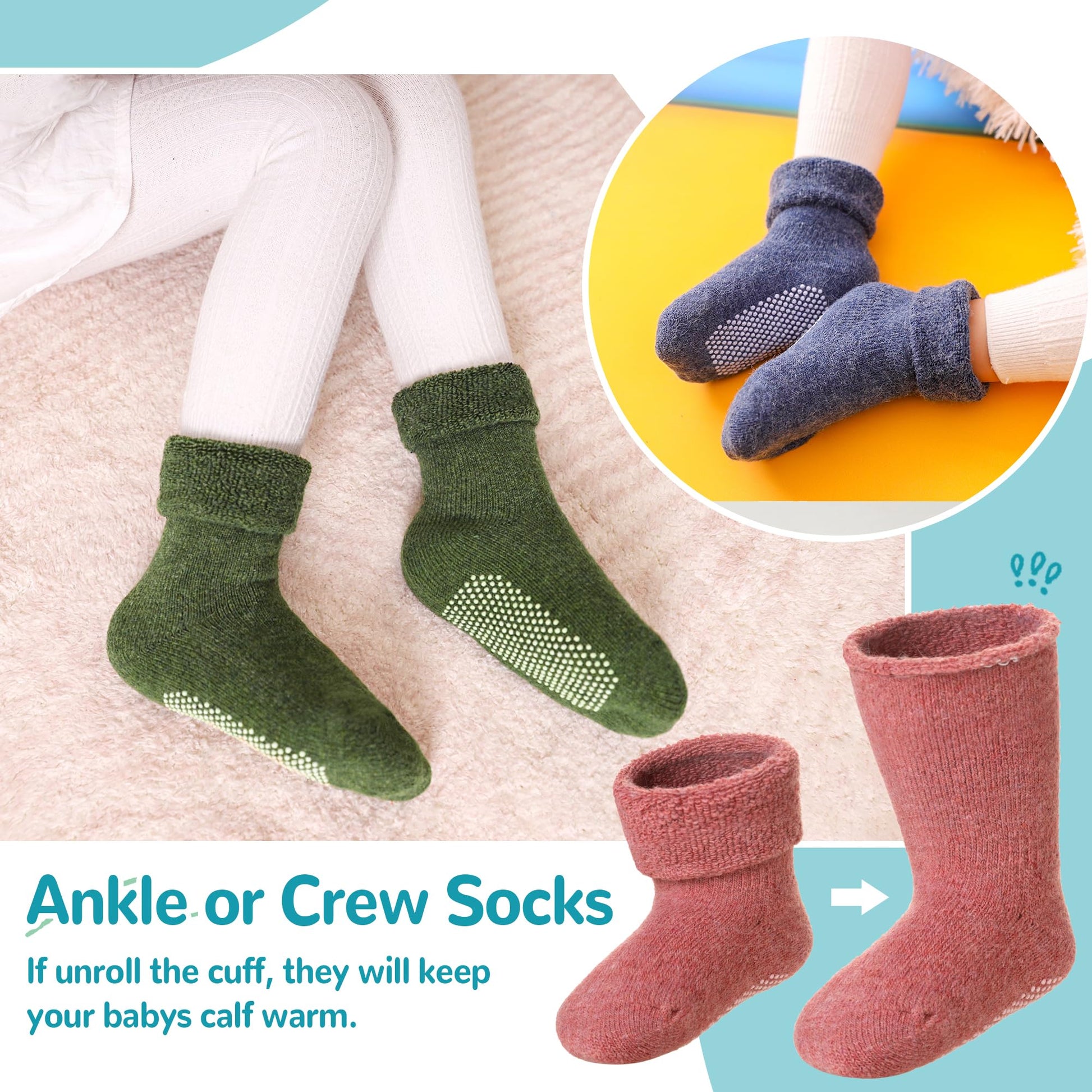 Eocom 6 Pairs Baby Boy Girl Non Slip Socks Child Toddler Winter Thick Soft Wool Kids Warm Socks with Grips (Solid Color B, 3-5T) - Medaid International