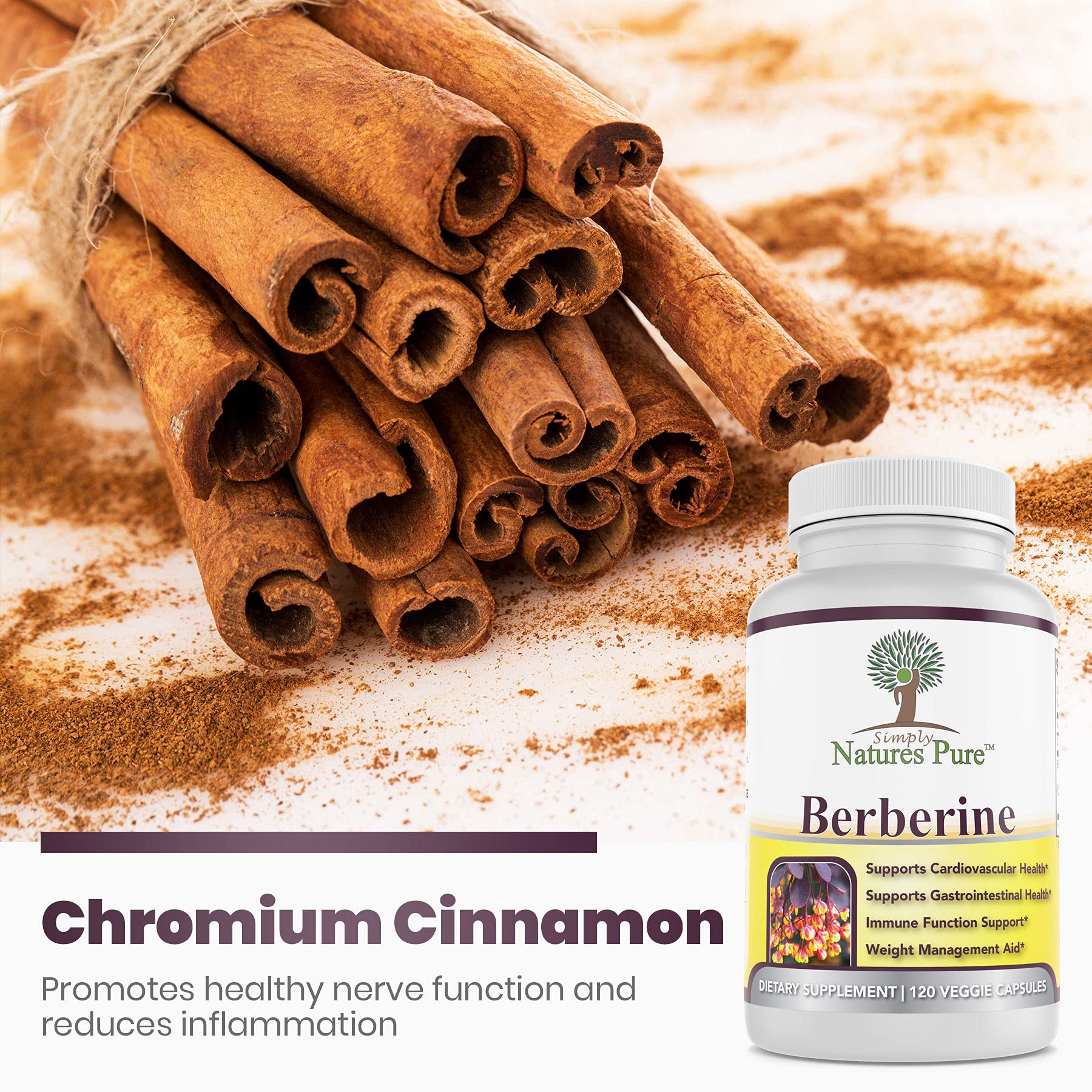 Simply Natures Pure Premium Berberine HCl 500mg - 120 Capsules - Cardiovascular Gastrointestinal Immune Support - Chromium Cinnamon - Medaid International