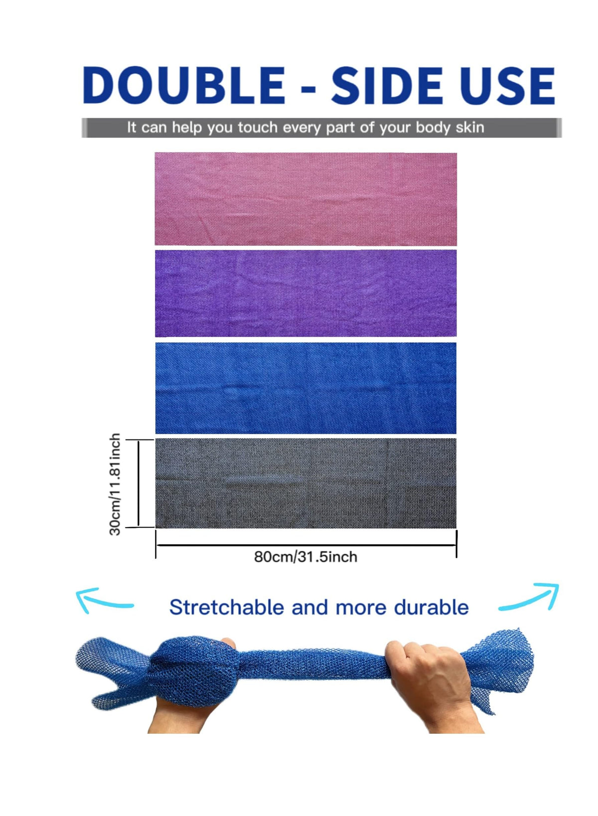KASTWAVE African Exfoliating Net Sponges - 4 Pack Nylon Bath Scrubber for Smooth Skin, Long Shower Back Scrubber in Black, Blue, Pink, Purple