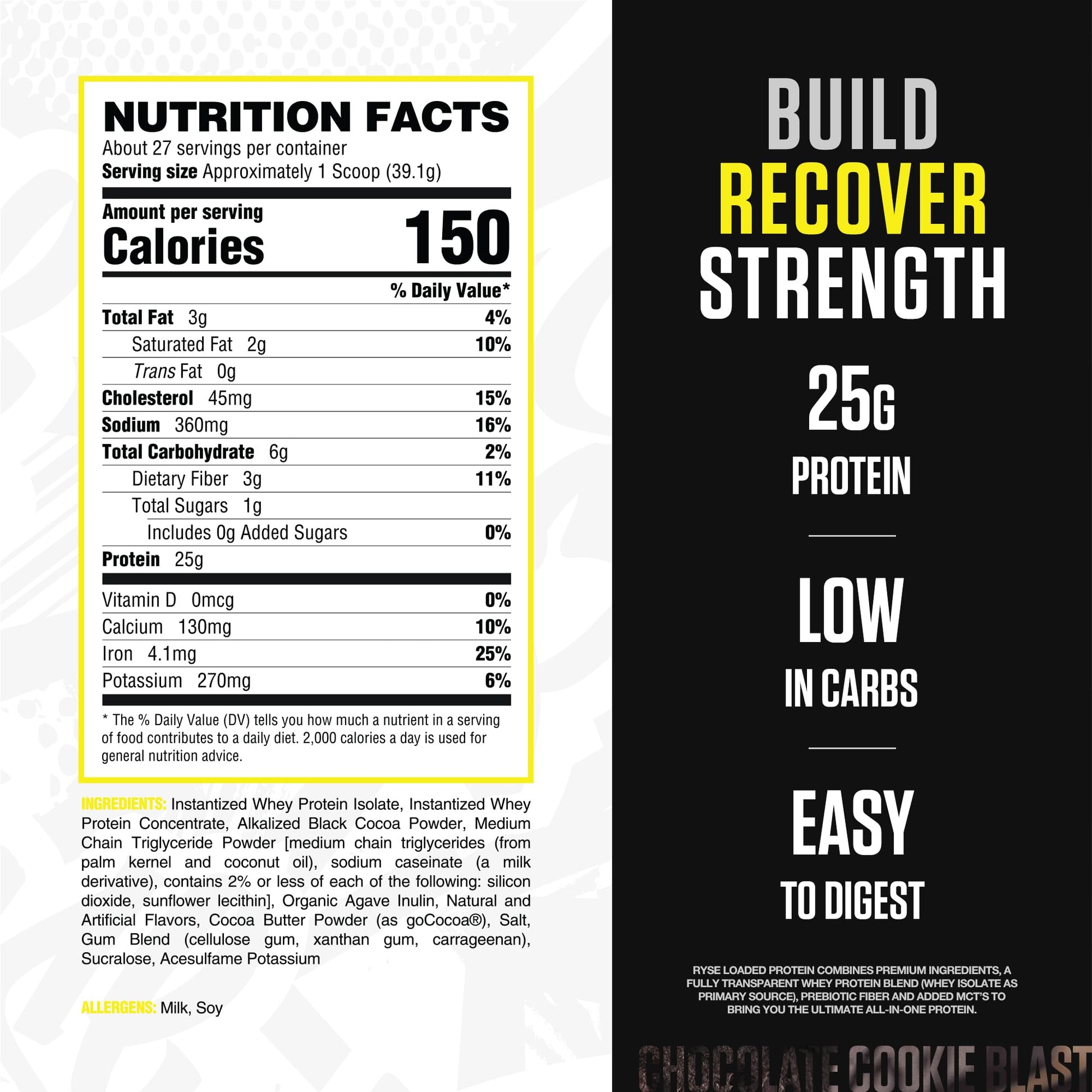 RYSE Loaded Protein Powder - Chocolate Cookie Blast - 25g Whey Protein Isolate & Concentrate with Prebiotic Fiber & MCTs - Low Carb, Low Sugar, Digestive-Friendly - 27 Servings / 2 lb Tub - Medaid International