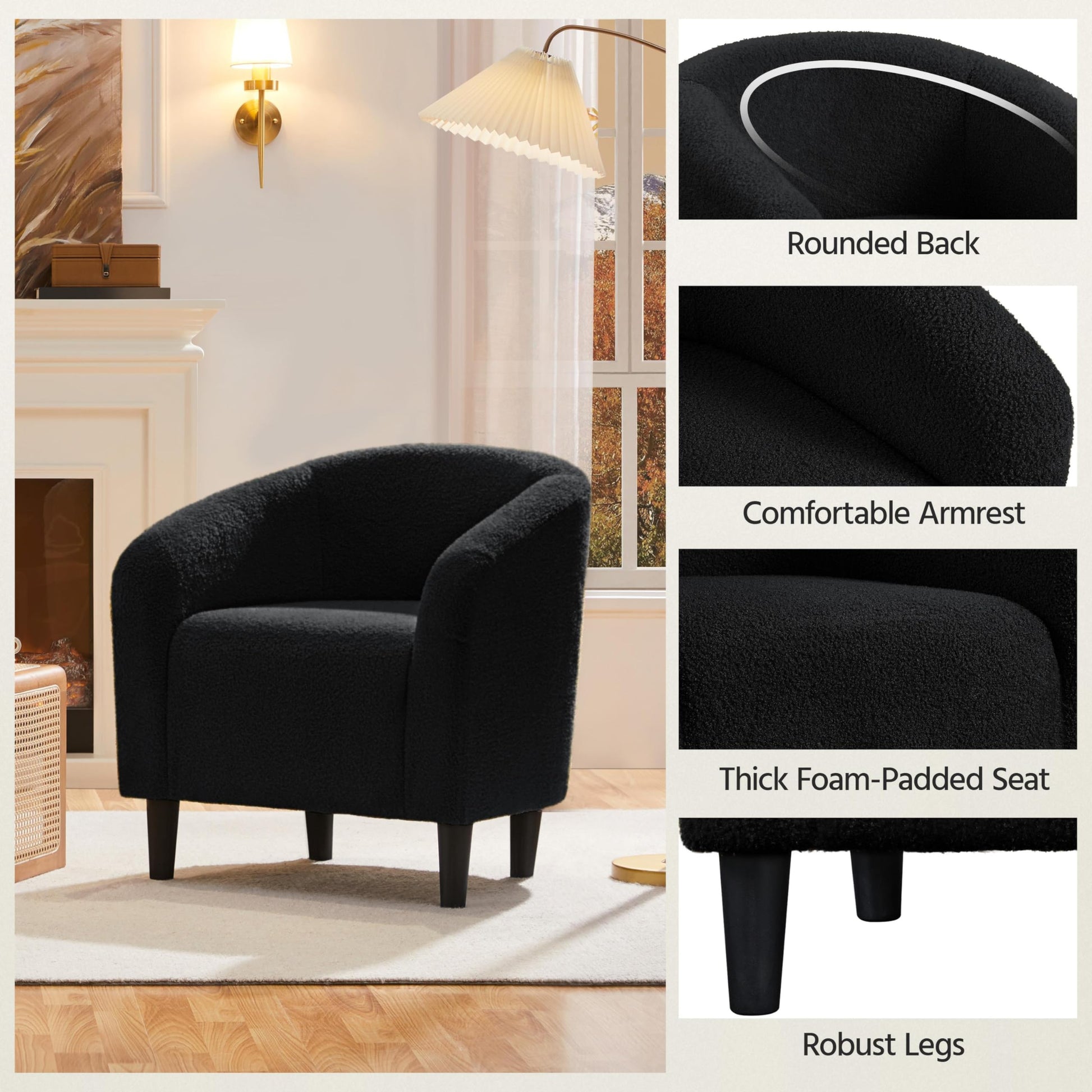 Yaheetech Accent Barrel Chair, Boucle Fabric Club Chair, Furry Sherpa Elegant Armchair with Cozy Soft Padded, Suitable for Living Room Bedroom Reception Room Office, Black - Medaid International