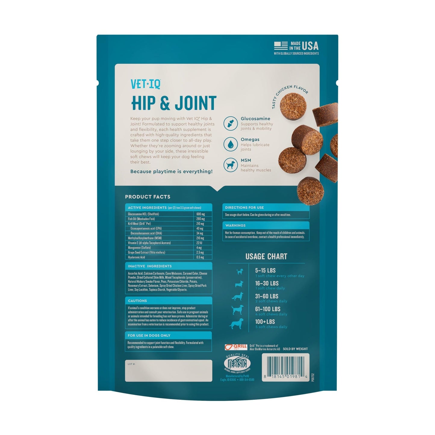 VetIQ Glucosamine Hip & Joint Supplement for Dogs, 60 Soft Chews, Joint Support Supplement with MSM and Krill, Dog Health Supplies Large & Small Breed, Chicken Flavored Chewables