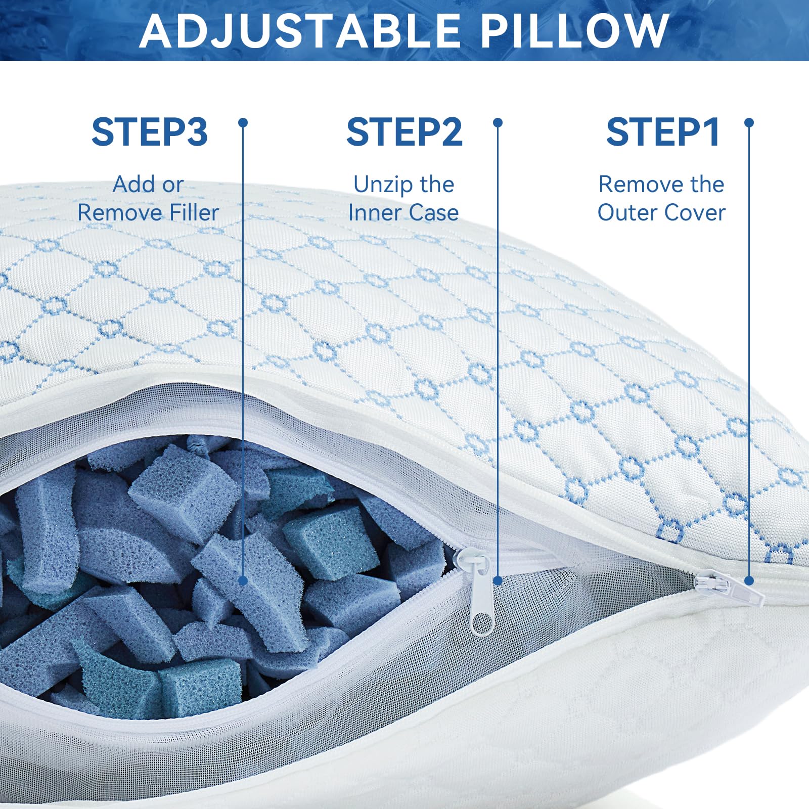 Yagamo Shredded Memory Foam Pillows for Bed Set of 2, Cooling Pillows for Sleeping Queen Size 2 Pack, Adjustable Cool Pillow for Side, Back and Stomach Sleepers - Medaid International