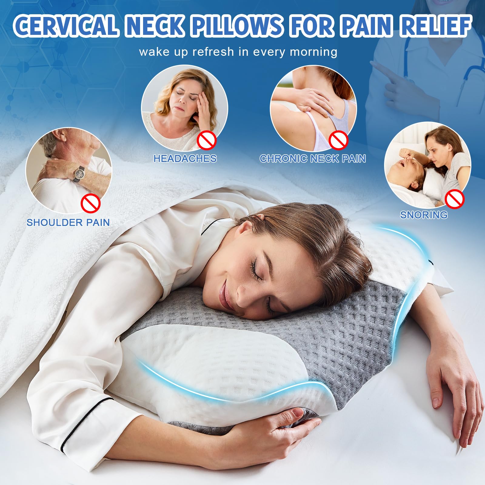 Cervical Neck Pillows with Memory Foam - Neck Pillows for Pain Relief Contour Memory Foam Pillows Ergonomic Neck Support - Adjustable Orthopedic Bed Pillows with Breathable Pillowcase for Sleeping - Medaid International