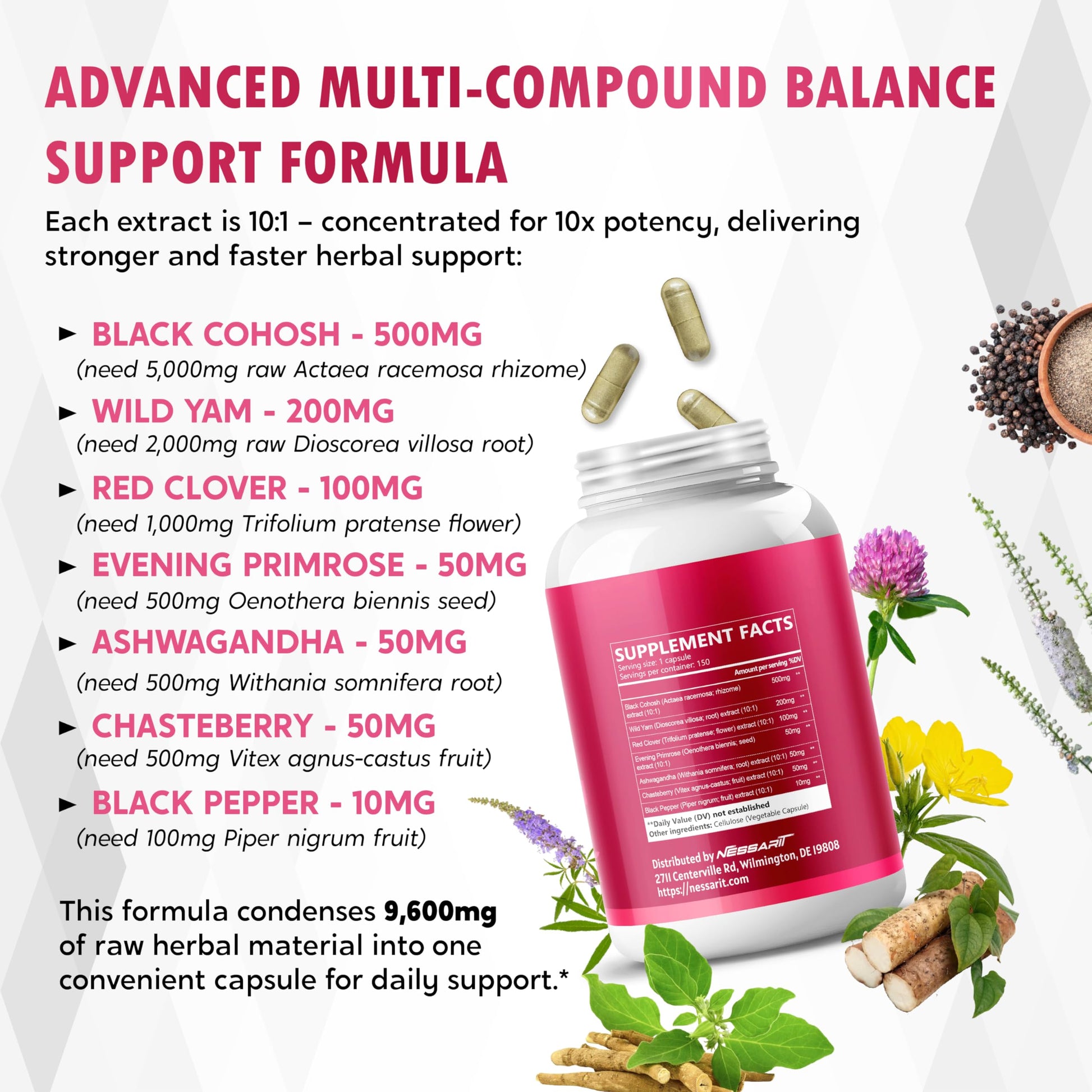 NESSARIT Black Cohosh 9,600mg* – Hormonal Balance Support with Wild Yam, Red Clover, Ashwagandha, Chasteberry & More – 150 Capsules – Made & Lab Tested in USA - Medaid International