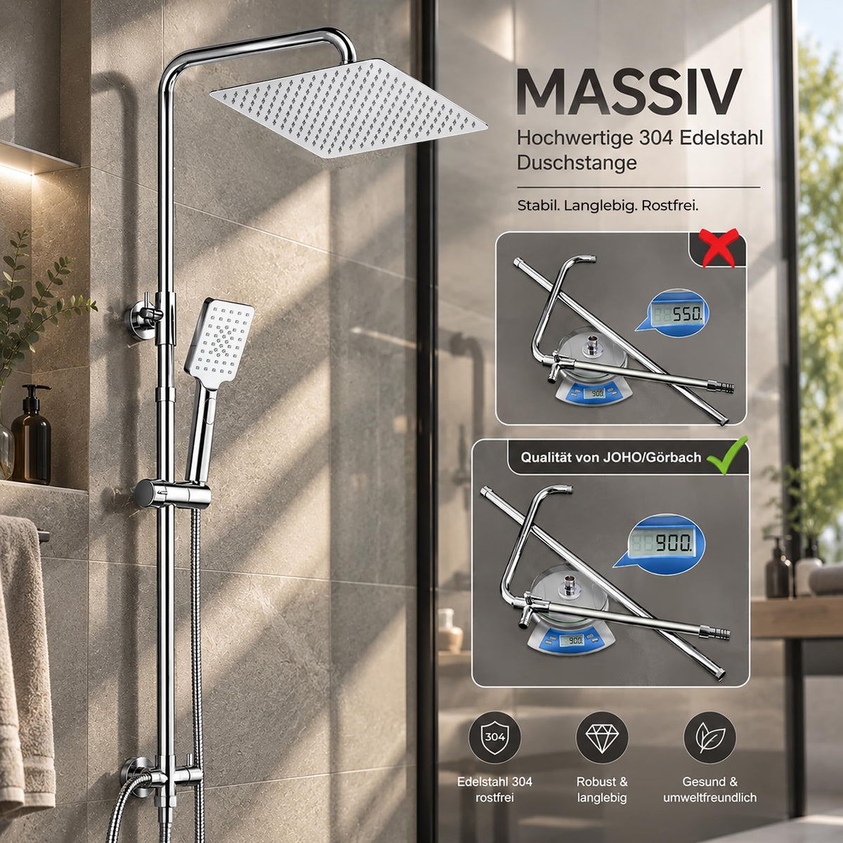 JOHO 304 Stainless Steel Shower Set Rain Shower System with Shower Head (Shower Set with Shower Head Square 20 x 20 cm)