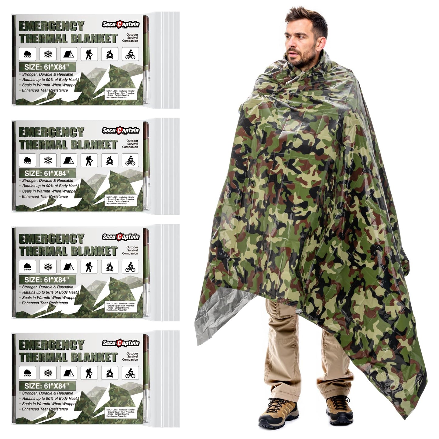 SecuCaptain Survival Emergency Thermal Blankets: Thicken 28um Space Mylar Blanket Kit for Outdoor Cold Winter Camping, Hiking, Car Bug Out Bag, or First Aid - Woodland Camo 4 Pack