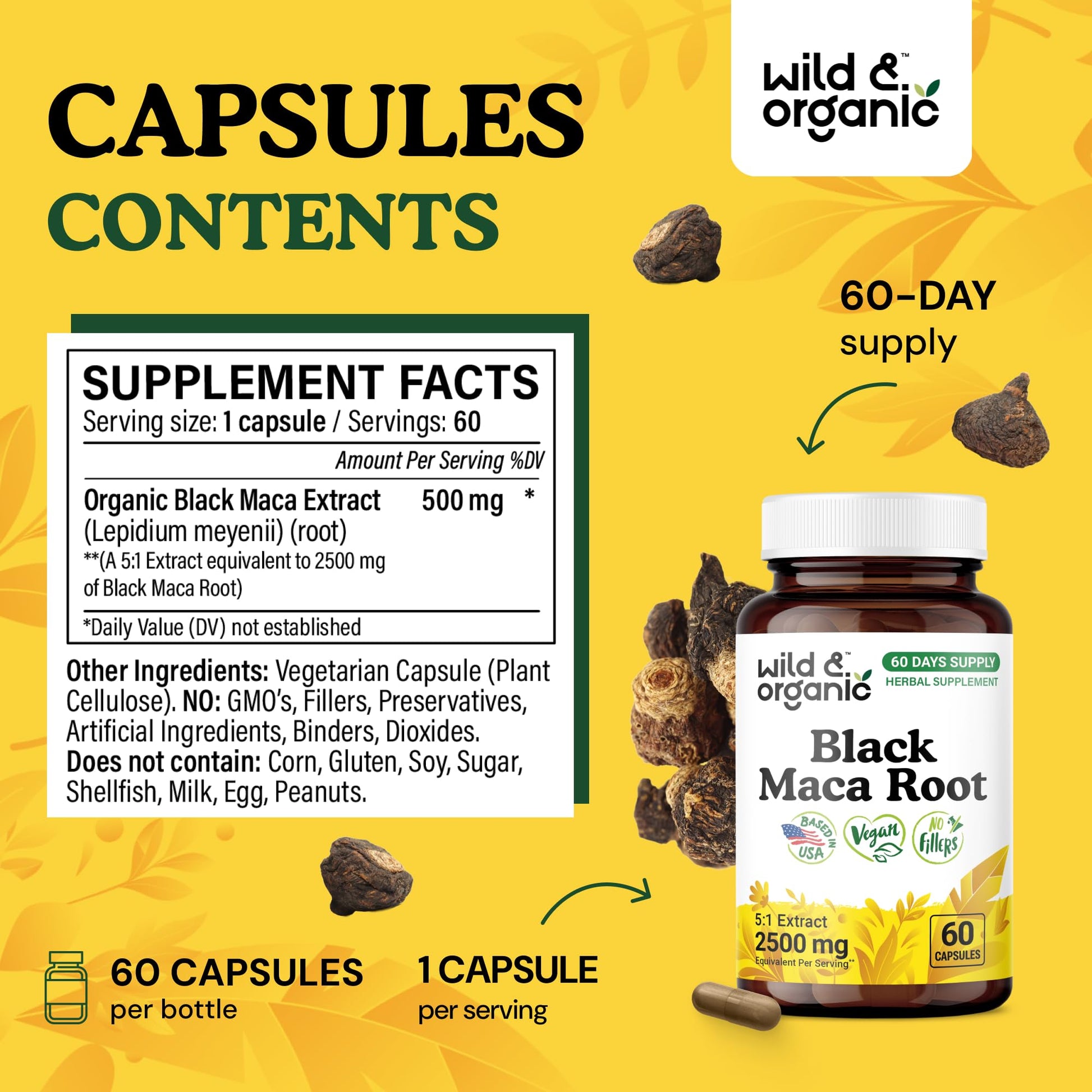 Wild & Organic Black Maca Root Capsules for Women & Men 500 mg - Maca Root Extract for Overall Support - 60 Vegan Capsules - Men & Women Supplement - 60 Days Supply - Non-GMO, No Fillers, Gluten-Free - Medaid International