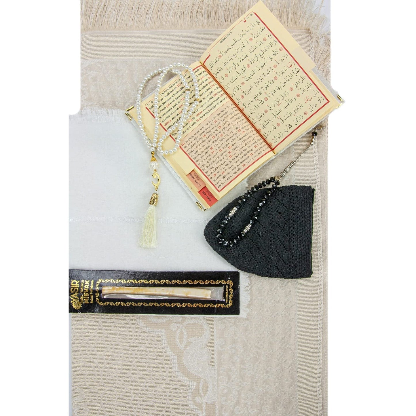ihvan online Prayer Gift Box for Hajj and Umrah, Muslim Prayer Rug, Islamic Mat, 99 & 33 Pearly Beads Tesbih, Yaseen Book, Miswak, Hijab, Islamic Deluxe Set for Ramadan & Eid Gift, White/Set 1 - Medaid International