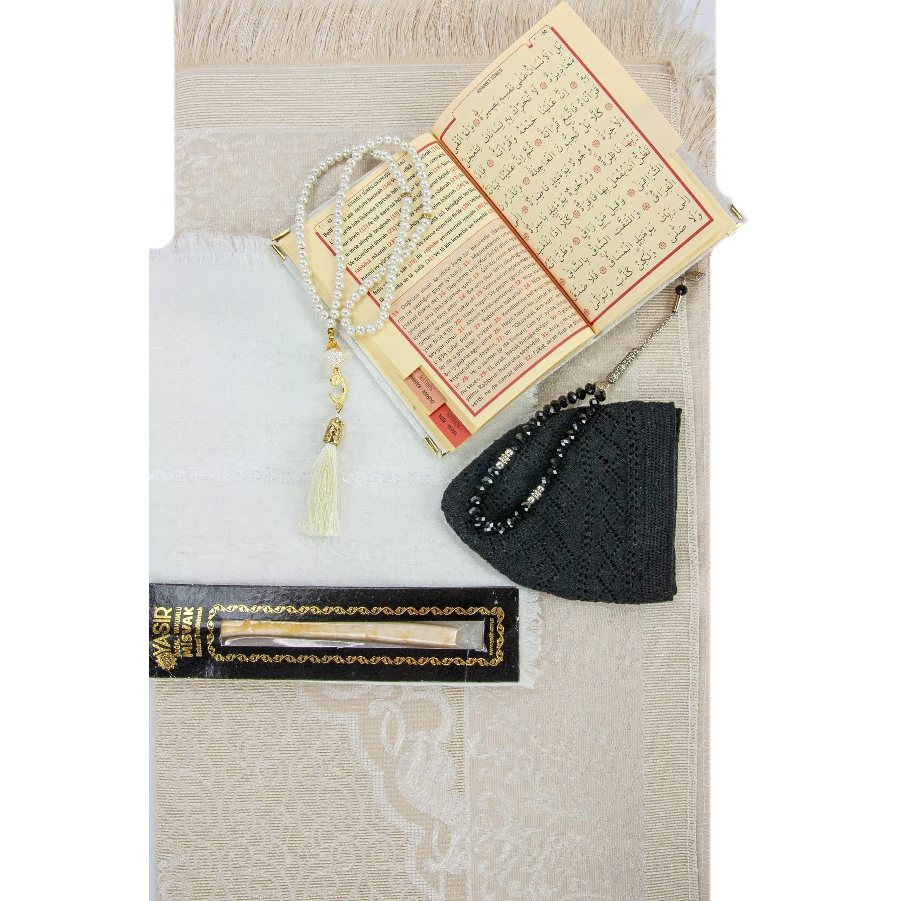 ihvan online Prayer Gift Box for Hajj and Umrah, Muslim Prayer Rug, Islamic Mat, 99 & 33 Pearly Beads Tesbih, Yaseen Book, Miswak, Hijab, Islamic Deluxe Set for Ramadan & Eid Gift, White/Set 1 - Medaid International