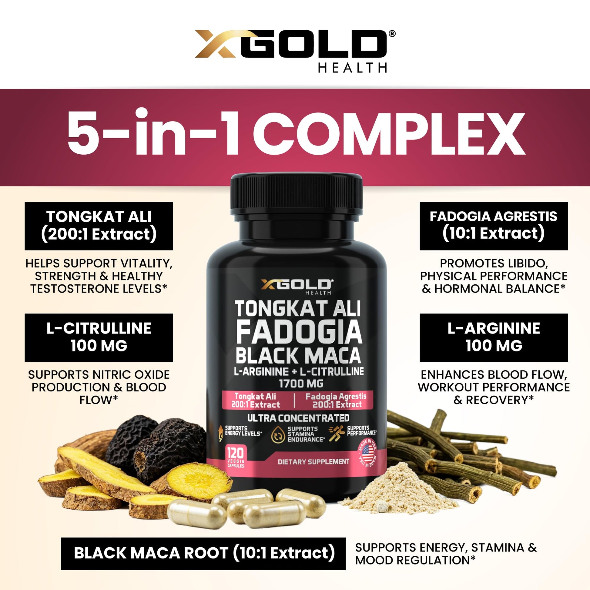 X Gold Health Tongkat Ali + Fadogia Agrestis + Black Maca – Energy, Vitality & Stamina Booster for Men & Women Made in USA - Medaid International