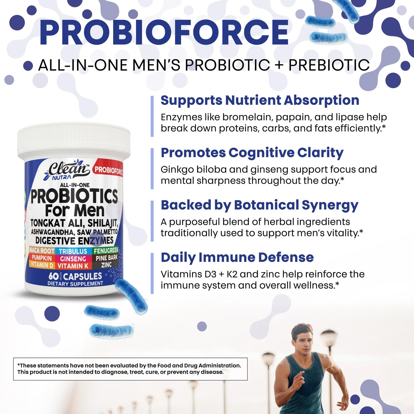 Clean Nutra Probiotics for Men | Tongkat Ali, Saw Palmetto, Tribulus, Ginseng, Ashwagandha, Maca, Pumpkin, Gingko Biloba, Pine Bark, Fenugreek, Shilajit, Zinc - Mens Probiotic 60 Capsules - Medaid International