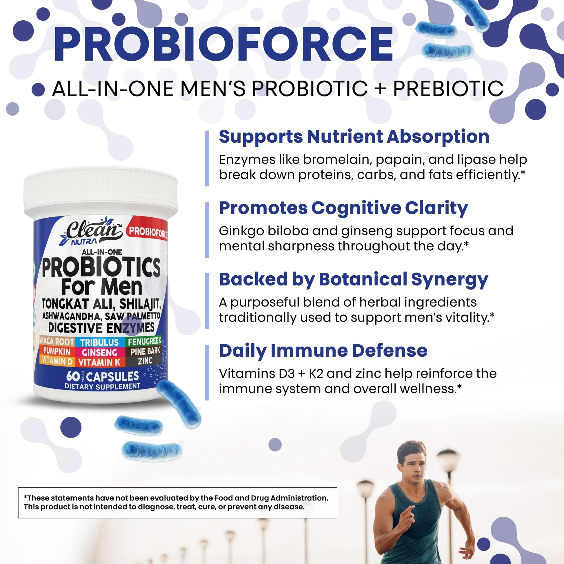 Clean Nutra Probiotics for Men | Tongkat Ali, Saw Palmetto, Tribulus, Ginseng, Ashwagandha, Maca, Pumpkin, Gingko Biloba, Pine Bark, Fenugreek, Shilajit, Zinc - Mens Probiotic 60 Capsules - Medaid International
