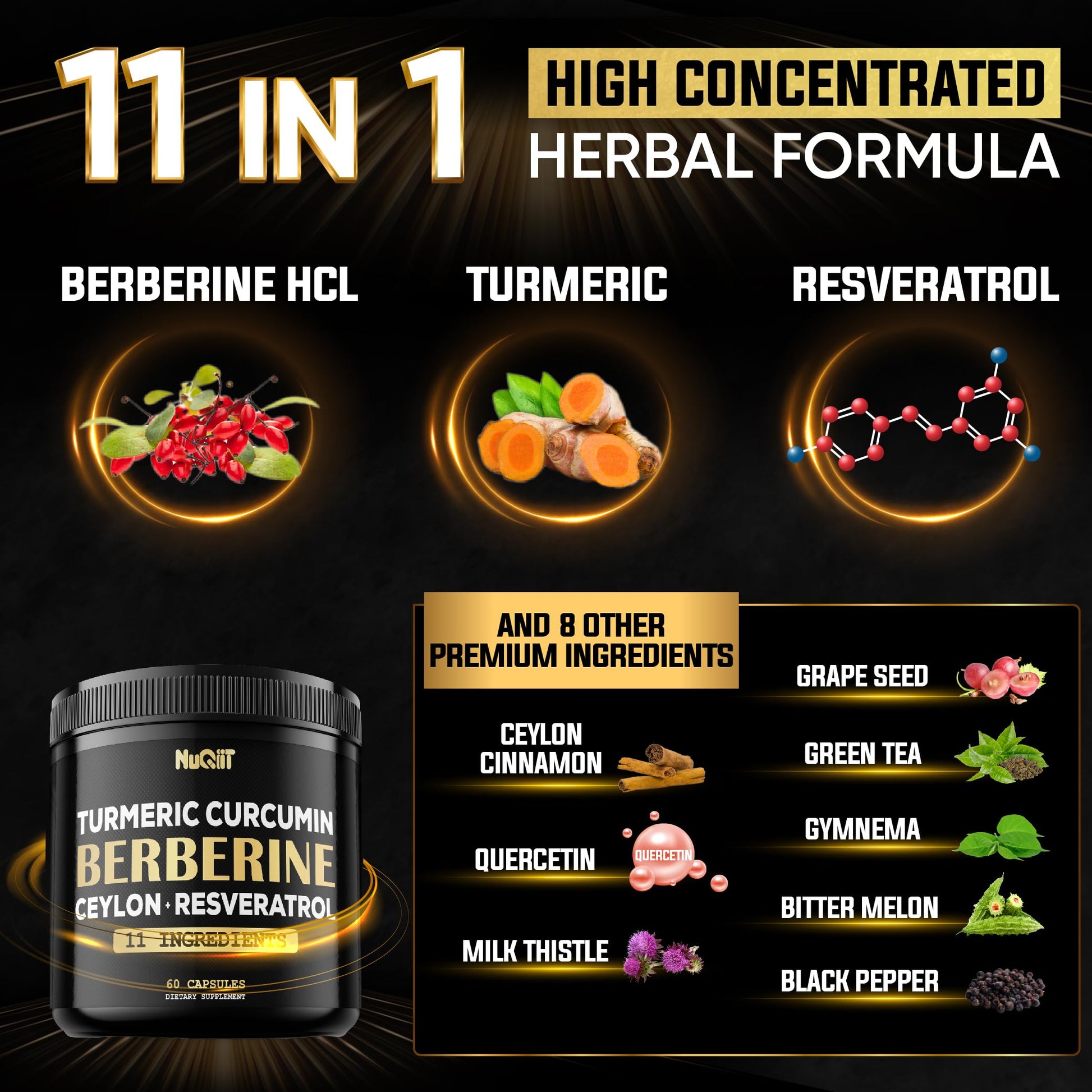 Berberine Supplement. Added Turmeric Curcumin, Trans-Resveratrol & More - Support Gastrointestinal, Body Management & Immune System - 60 Capsules - Medaid International