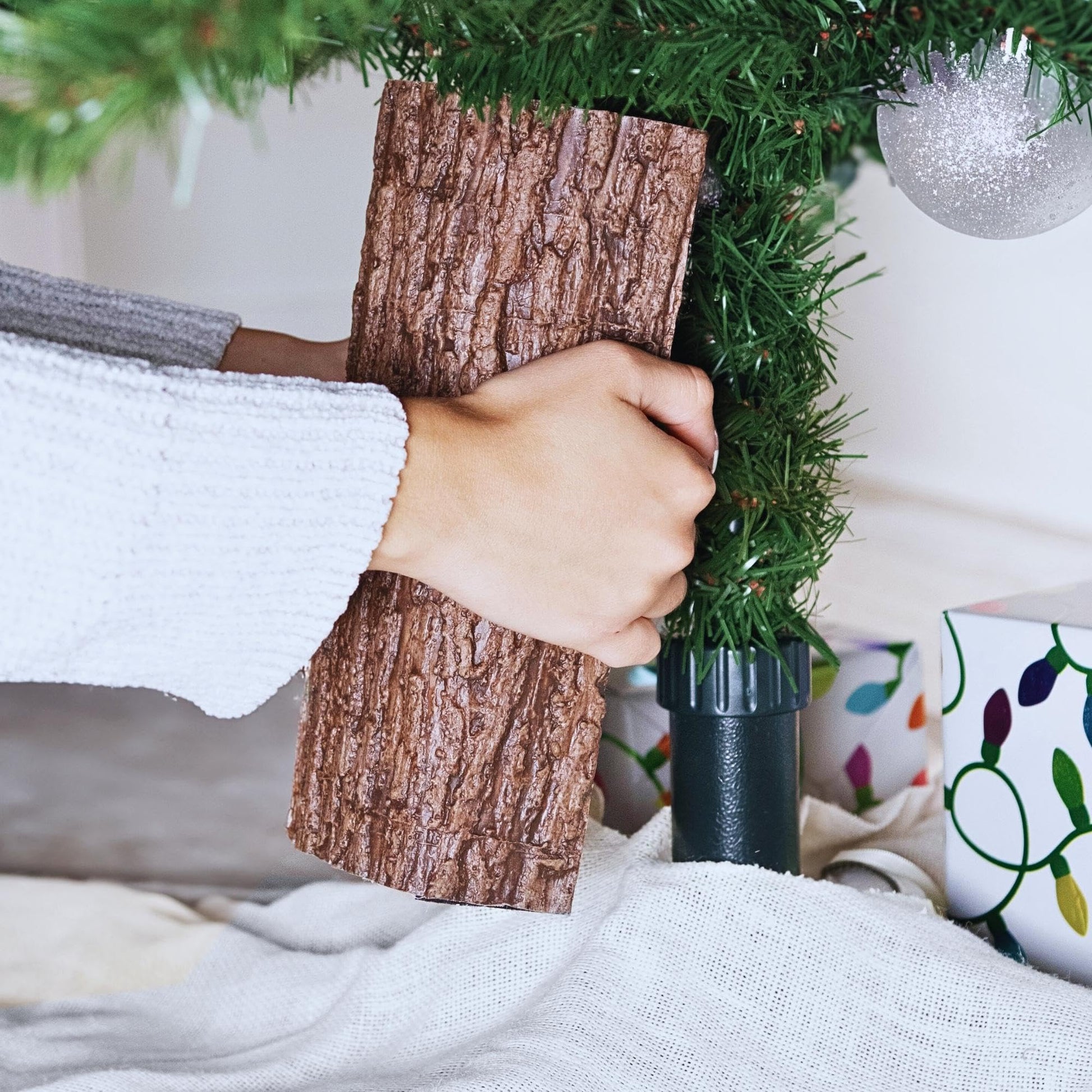Realistic Faux Brown Bark Xmas Tree Skirt Hides Fake Pole, By Christmas Tree Hugger - Medaid International
