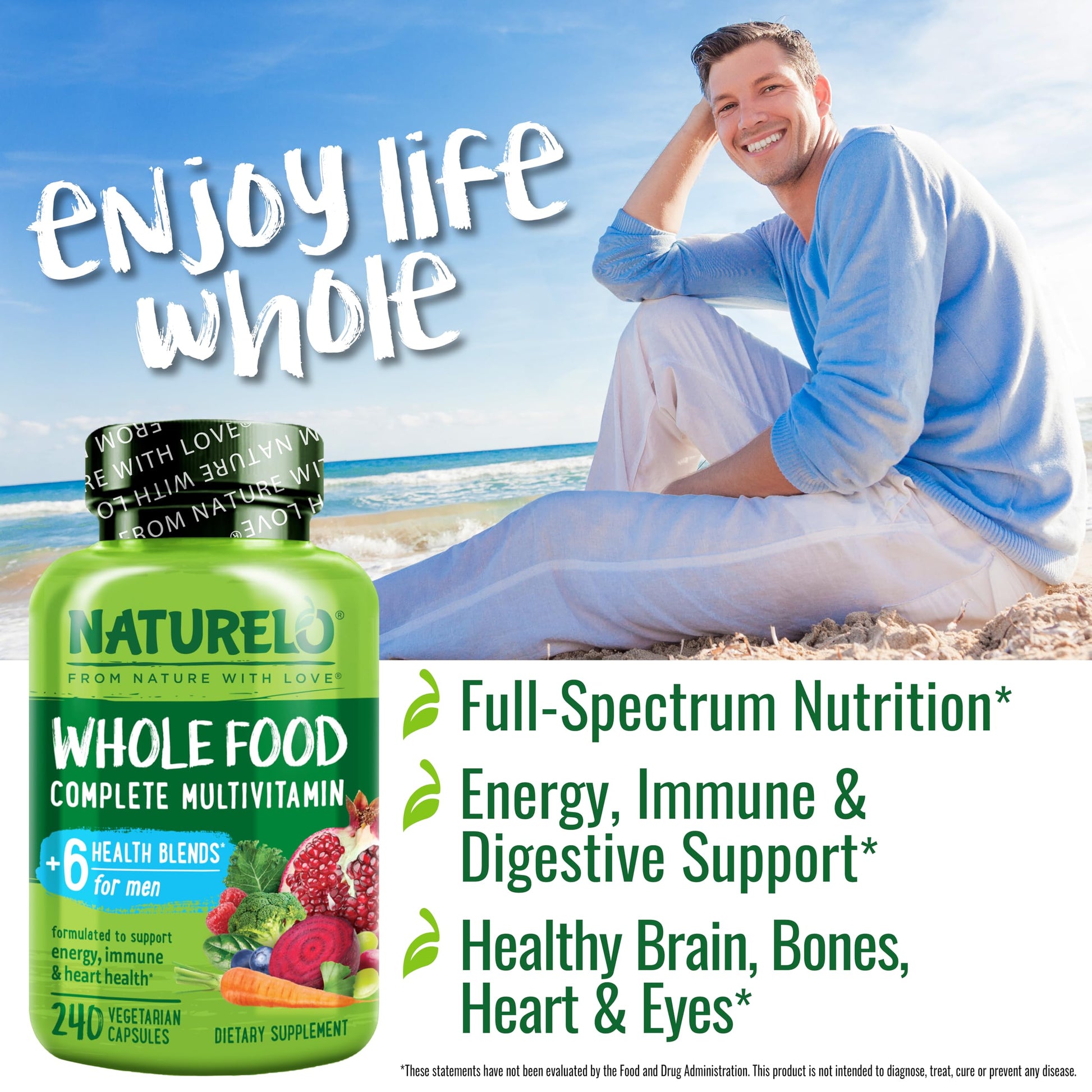 NATURELO Mens Multivitamins - Whole Food Multivitamin for Men with Vitamins, Minerals - 240 Vegetarian Capsules for Energy, Brain, Heart, Eye Health* - Medaid International