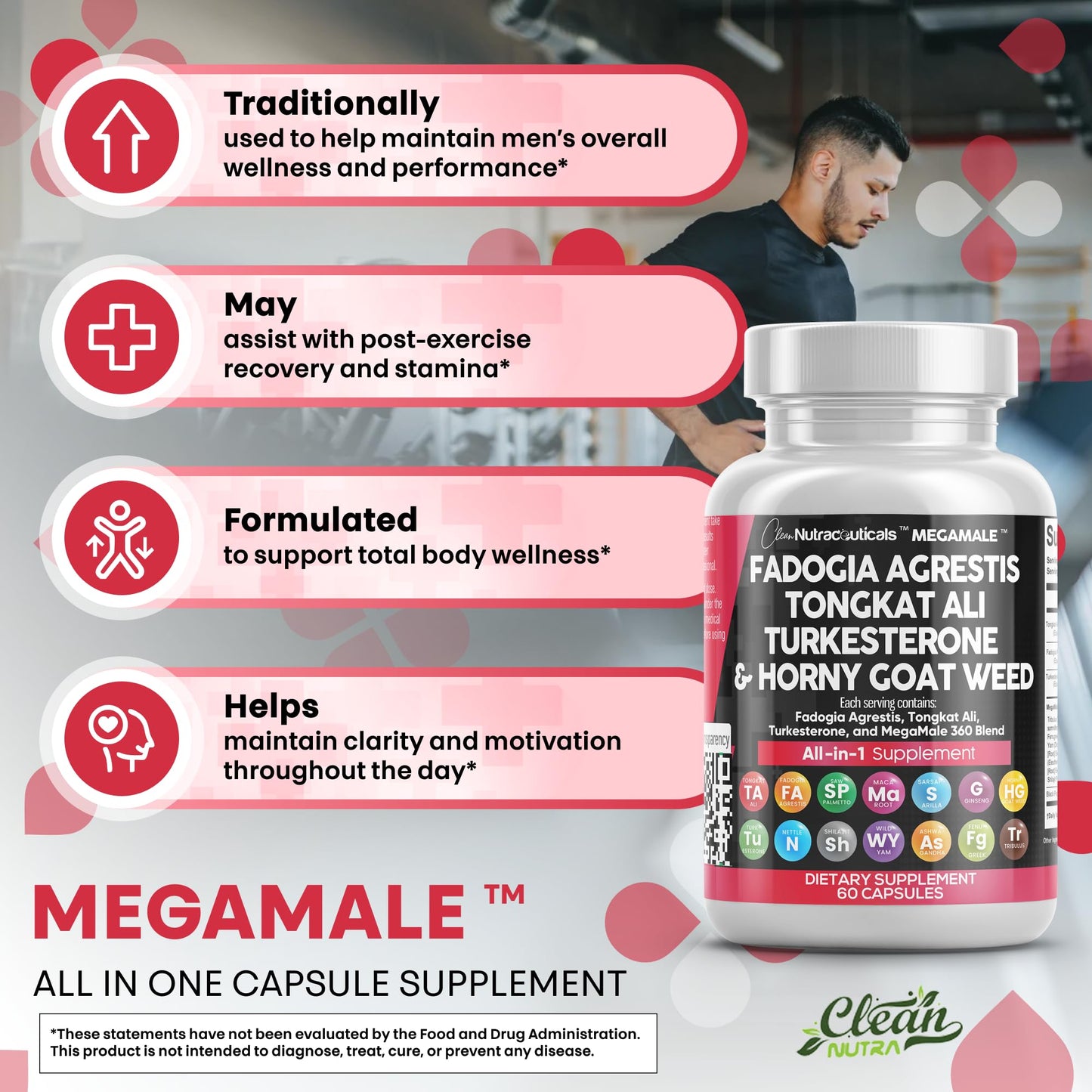 Clean Nutraceuticals Fadogia Agrestis Tongkat Ali Turkesterone Supplement with Horny Goat Weed, Saw Palmetto, Maca Root, Siberian Ginseng, Tribulus Terrestris, Fenugreek, Wild Yam - 60 Count - Medaid International