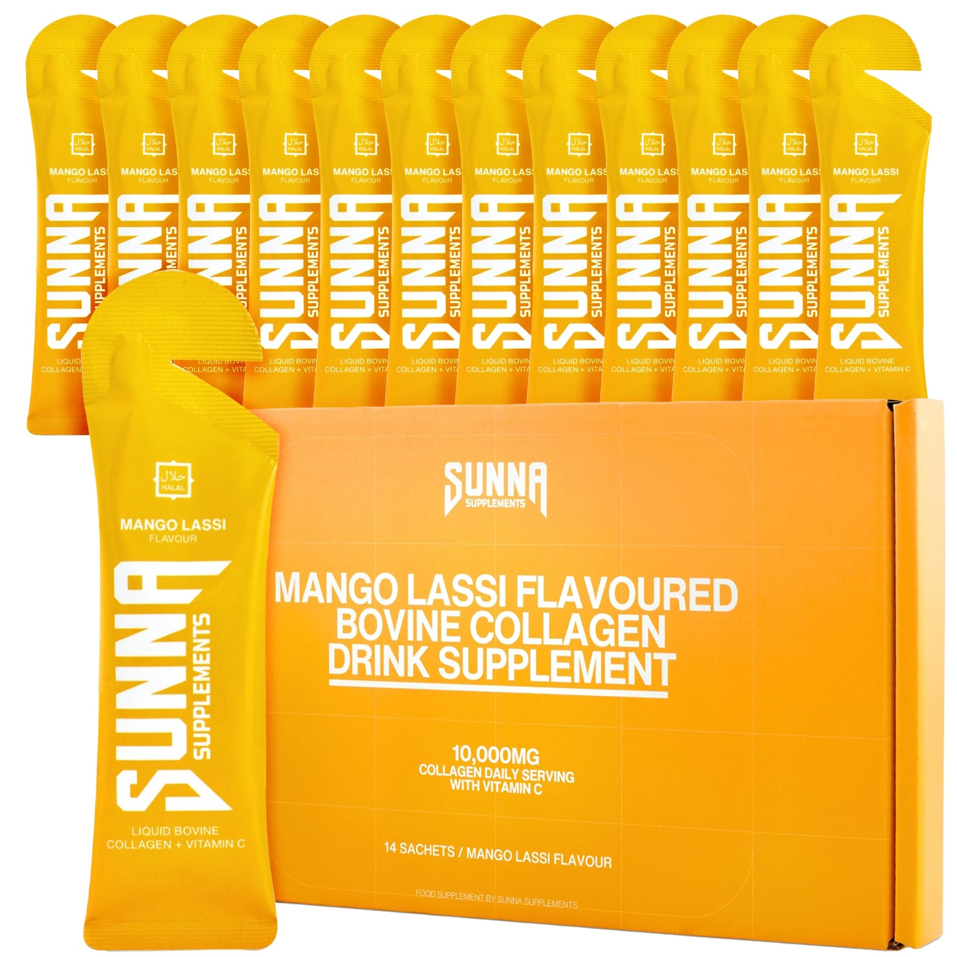 SUNNA SUPPLEMENTS - Halal Mango Lassi Collagen Drink with Vitamin C - 10000mg Bovine Liquid Collagen Peptides Women and Men - Hydrolysed Collagen Liquid Suitable for Everyone - 14 Sachets (35ml Each) - Medaid International
