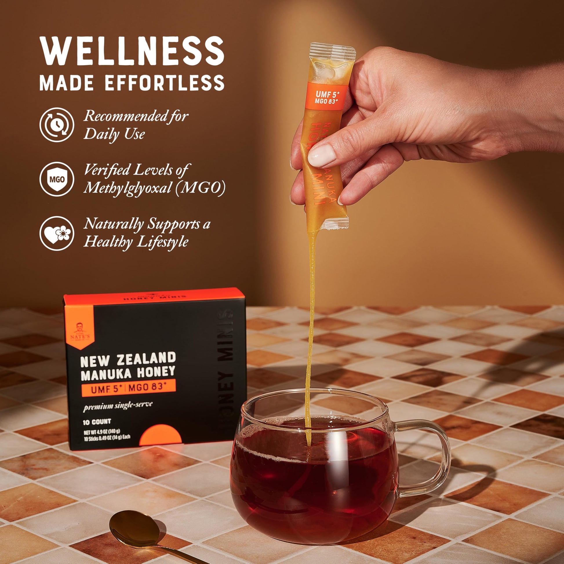Nate's Manuka Honey Minis - 10 count Single-serve, Pure Manuka Honey - MGO 83+ | UMF 5+ Certified - 10 Single-Serve Packets for On-the-Go Daily Wellness - Medaid International