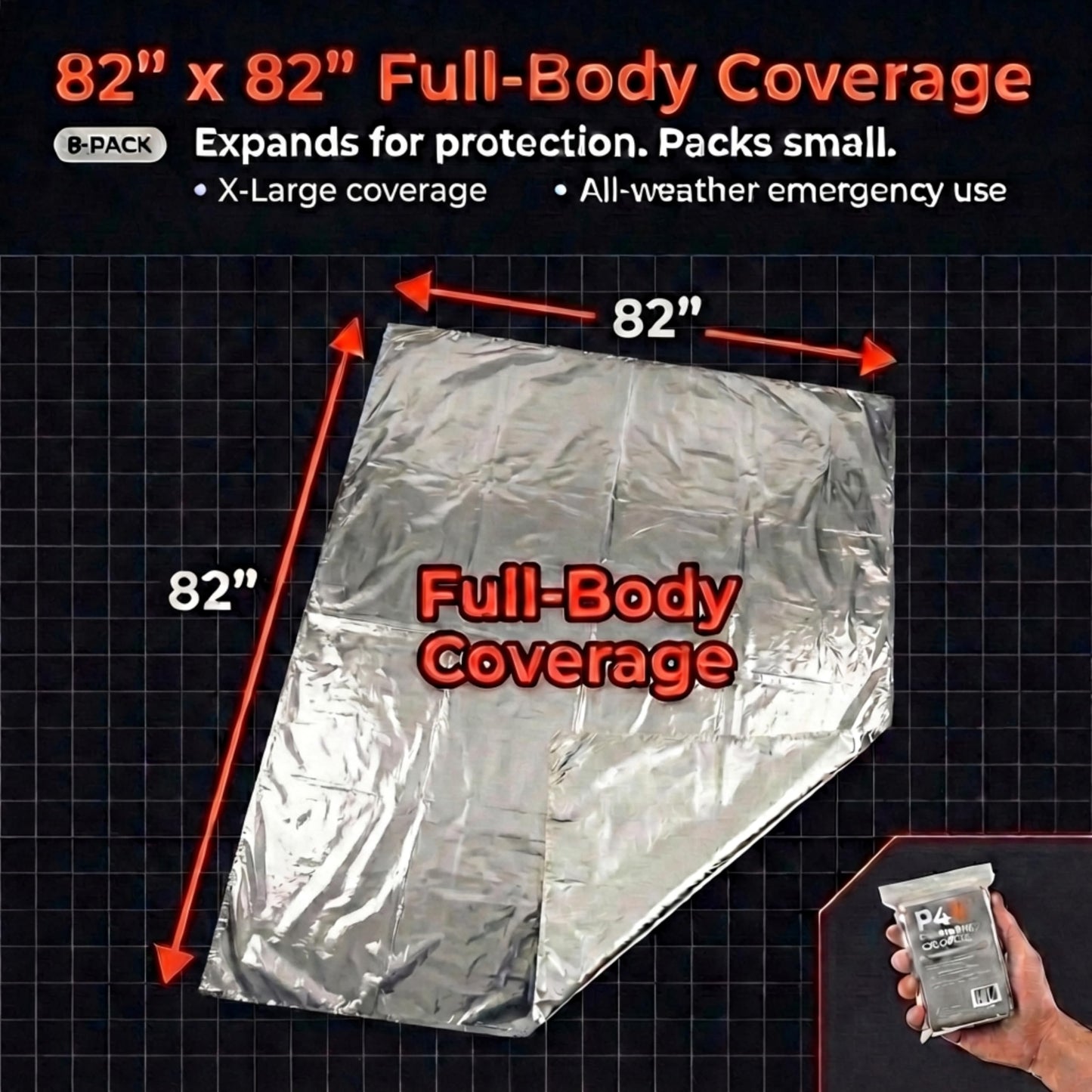 PREPARED4X 8-Pack Large Mylar Emergency Blanket - Mylar Blankets Survival Thick Reusable - Waterproof, Rip, and Tear Resistant Survivalist Gear - Emergency Thermal Blanket for Outdoors 82"x82"
