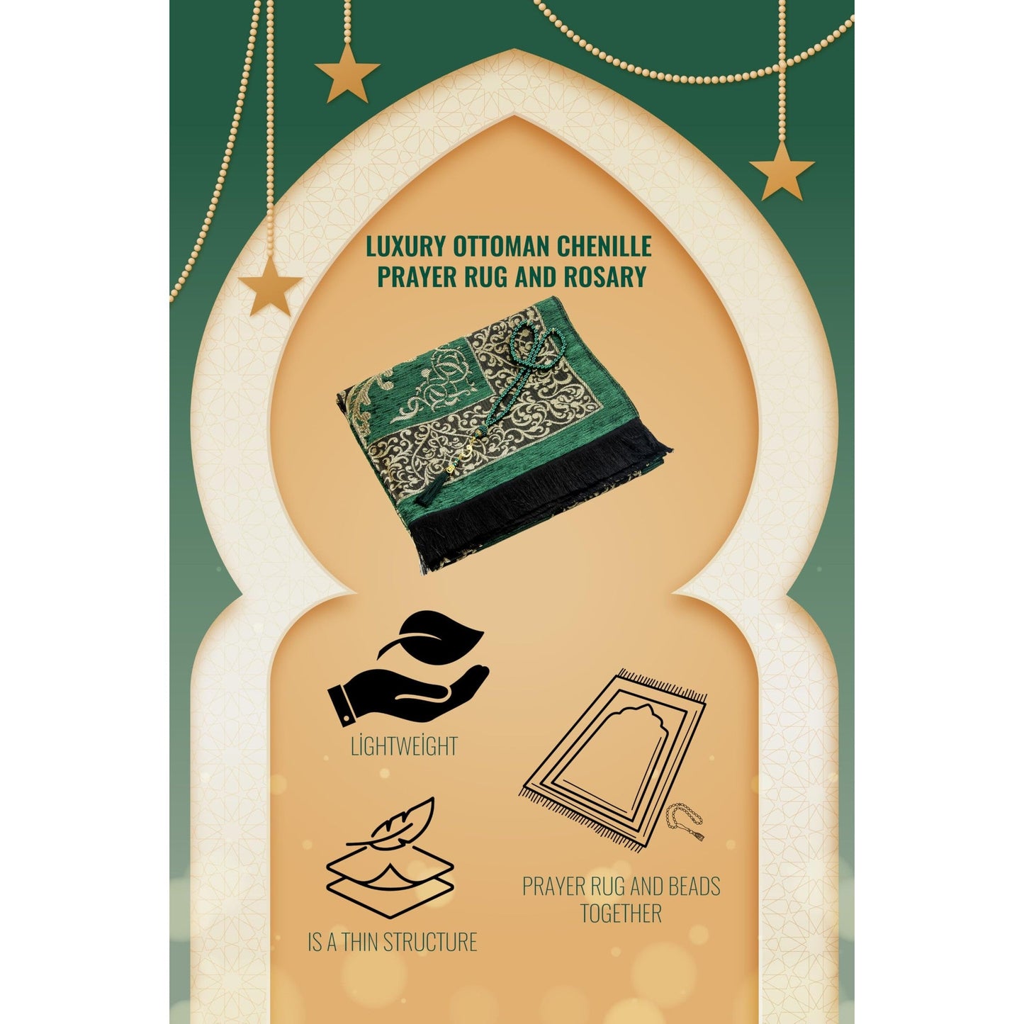 ihvan Online Muslim Prayer Rug with Prayer Beads, Janamaz, Sajadah, Soft Islamic Prayers Rug, Islamic Gift for Eid Ramadan, Prayers Carpet Mat, Chenille Fabric, Cream - Medaid International