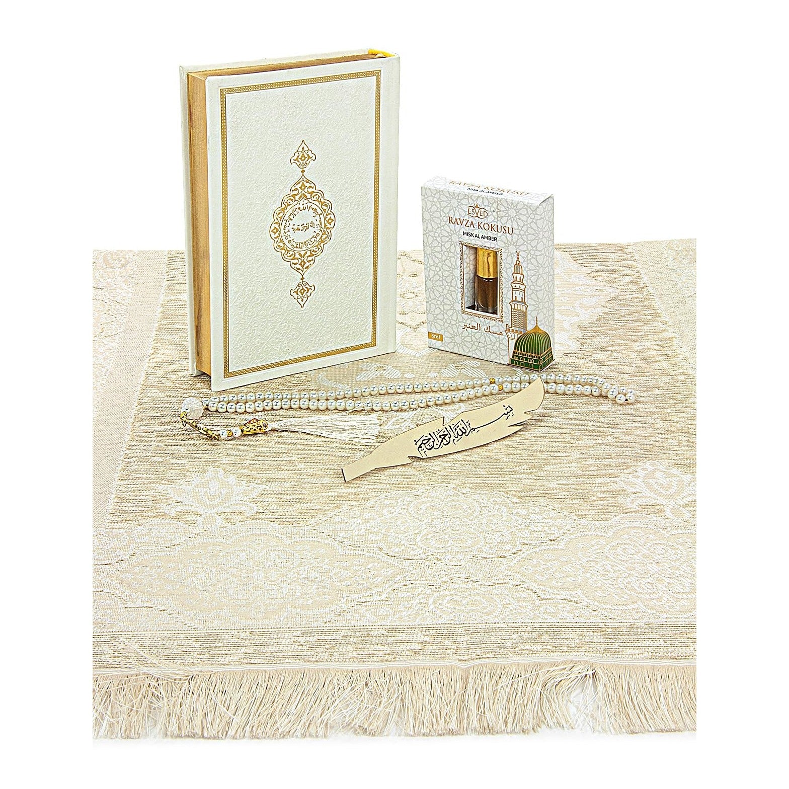 ihvan online Prayer Gift Set for Men & Women, Muslim Prayer Rug, Salah Mat, Beads Taasbih, Arabic Holy Quran, Islamic Gift Set for Ramadan & Eid, White - Medaid International