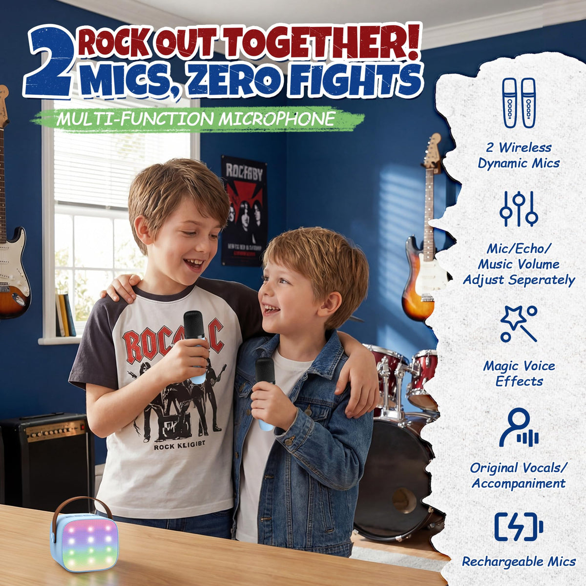 Karaoke Machine for Kids, Portable Bluetooth Speaker with 2 Wireless Microphones,18 Pre-Loaded Songs, Birthday for 3 4 5 6 7 8 + Year Old Boys Toys - MULTICOLOR