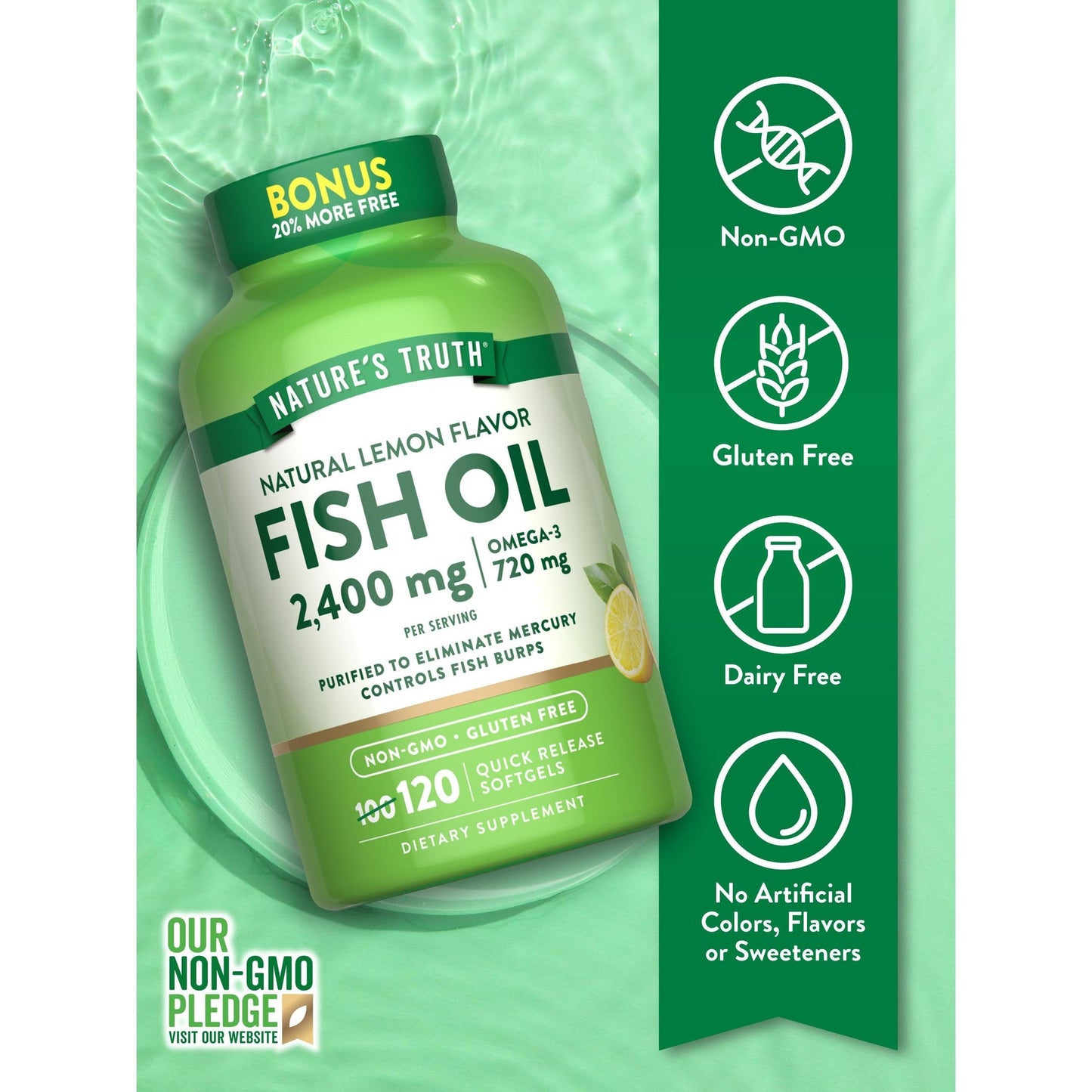 Nature's Truth Fish Oil 2400mg | 120 Quick Release Softgels | 720 mg Omega 3 | Burpless Lemon Flavor Pills | Non-GMO & Gluten Free Supplement - Medaid International