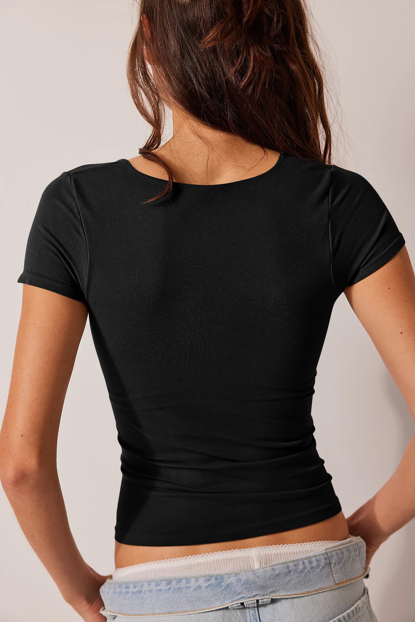 BAIGRAM Women Square Neck Crop Top Short Sleeve T Shirts Slim Fitted Going Out Tops Y2K Cute Summer Basic Tees Trendy Black - Medaid International