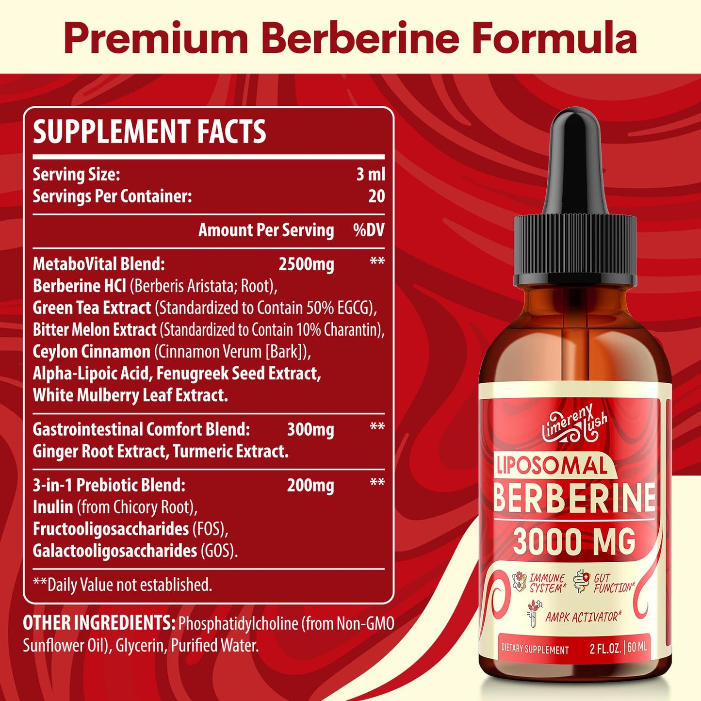 Liposomal Berberine Supplement - 3000mg Berberine Complex Activating AMPK & GLP-1, Berberine HCL Liquid Drop with Ceylon Cinnamon, Green Tea, Bitter Melon, Turmeric and Prebiotic Blend for Women & Men - Medaid International